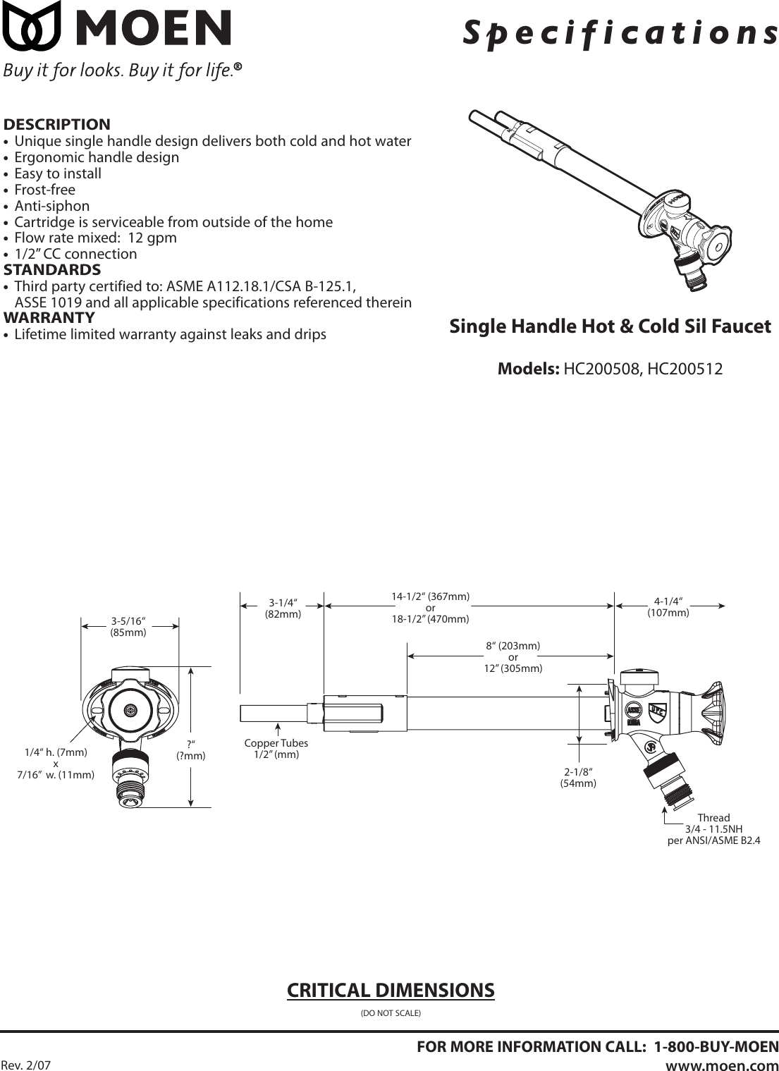 Moen Single Handle Hot And Cold Sil Faucet Hc200508 Users Manual HC200508sp