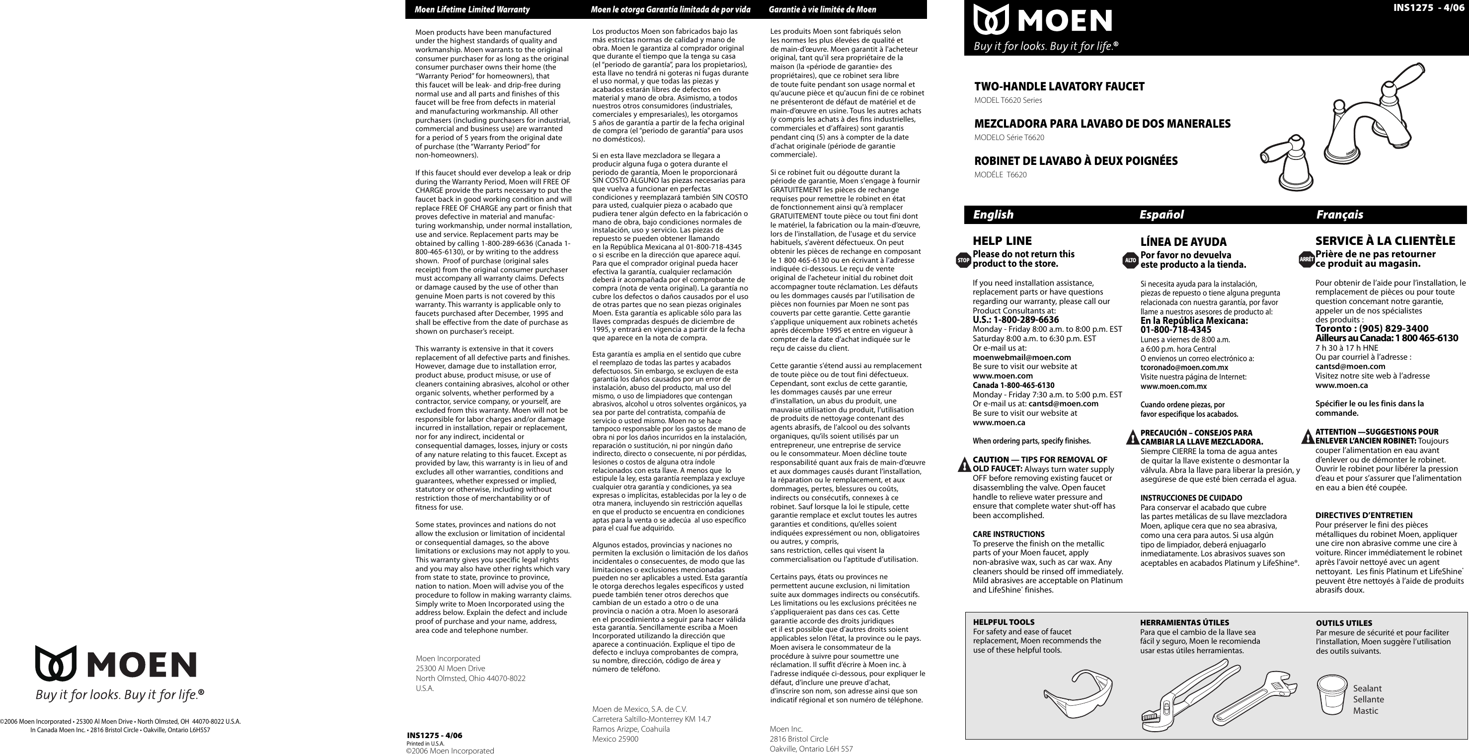 Page 1 of 6 - Moen Moen-T6620-Series-Users-Manual- INS1275  Moen-t6620-series-users-manual