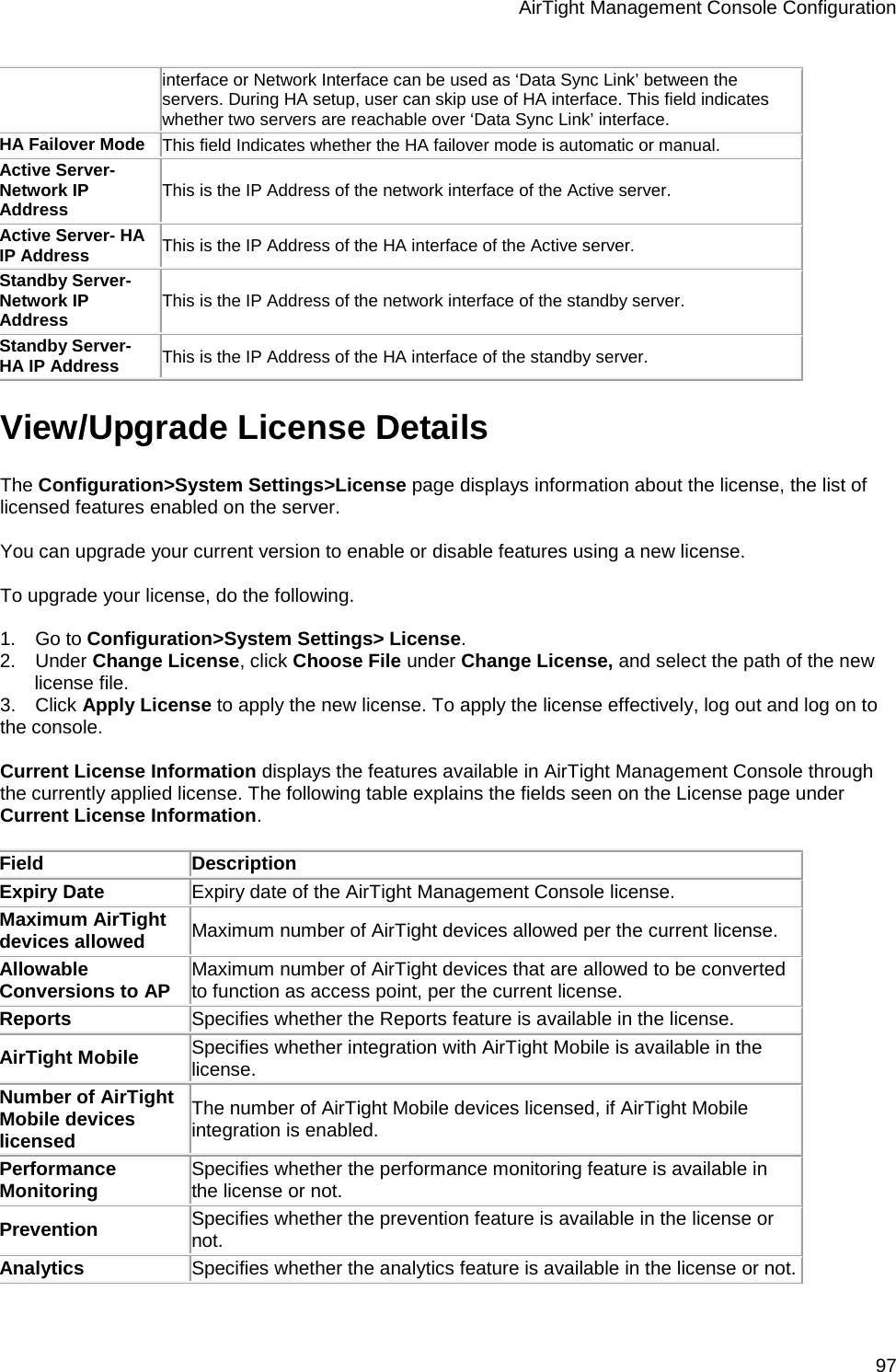 AirTight Management Console Configuration 97 interface or Network Interface can be used as ‘Data Sync Link’ between the servers. During HA setup, user can skip use of HA interface. This field indicates whether two servers are reachable over ‘Data Sync Link’ interface. HA Failover Mode This field Indicates whether the HA failover mode is automatic or manual. Active Server- Network IP Address This is the IP Address of the network interface of the Active server. Active Server- HA IP Address This is the IP Address of the HA interface of the Active server. Standby Server- Network IP Address This is the IP Address of the network interface of the standby server. Standby Server- HA IP Address This is the IP Address of the HA interface of the standby server. View/Upgrade License Details The Configuration&gt;System Settings&gt;License page displays information about the license, the list of licensed features enabled on the server.   You can upgrade your current version to enable or disable features using a new license.    To upgrade your license, do the following.   1.      Go to Configuration&gt;System Settings&gt; License. 2.      Under Change License, click Choose File under Change License, and select the path of the new license file.  3.      Click Apply License to apply the new license. To apply the license effectively, log out and log on to the console.   Current License Information displays the features available in AirTight Management Console through the currently applied license. The following table explains the fields seen on the License page under Current License Information.    Field Description Expiry Date Expiry date of the AirTight Management Console license. Maximum AirTight devices allowed Maximum number of AirTight devices allowed per the current license. Allowable Conversions to AP Maximum number of AirTight devices that are allowed to be converted to function as access point, per the current license. Reports Specifies whether the Reports feature is available in the license. AirTight Mobile Specifies whether integration with AirTight Mobile is available in the license. Number of AirTight Mobile devices licensed The number of AirTight Mobile devices licensed, if AirTight Mobile integration is enabled. Performance Monitoring Specifies whether the performance monitoring feature is available in the license or not. Prevention Specifies whether the prevention feature is available in the license or not. Analytics Specifies whether the analytics feature is available in the license or not. 