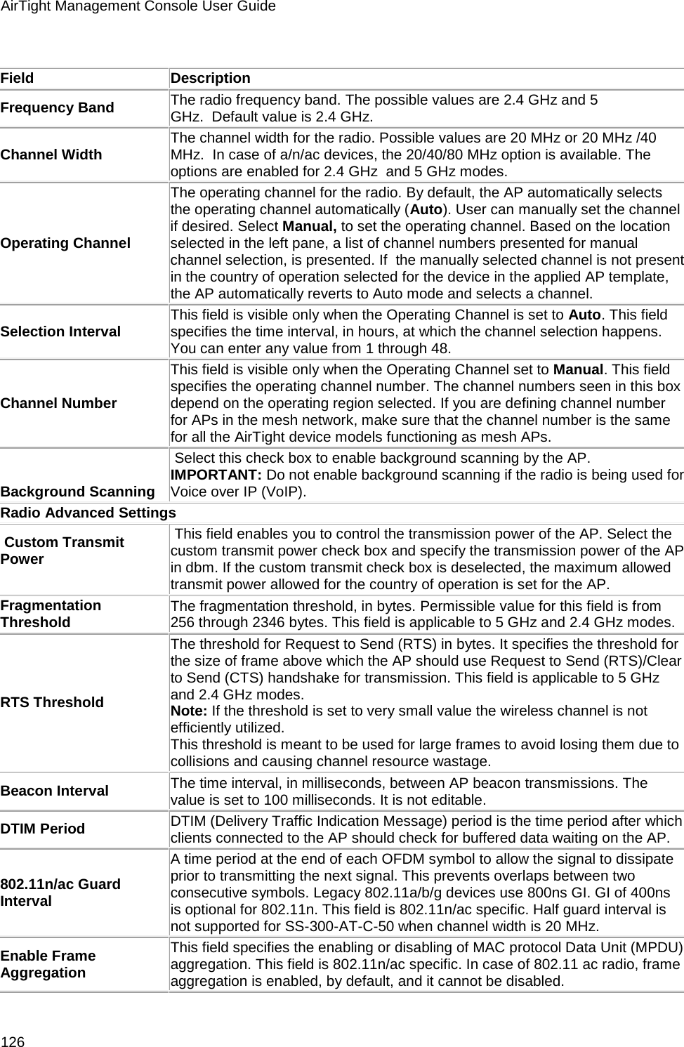 AirTight Management Console User Guide 126   Field Description Frequency Band The radio frequency band. The possible values are 2.4 GHz and 5 GHz.  Default value is 2.4 GHz. Channel Width The channel width for the radio. Possible values are 20 MHz or 20 MHz /40 MHz.  In case of a/n/ac devices, the 20/40/80 MHz option is available. The options are enabled for 2.4 GHz  and 5 GHz modes.  Operating Channel The operating channel for the radio. By default, the AP automatically selects the operating channel automatically (Auto). User can manually set the channel if desired. Select Manual, to set the operating channel. Based on the location selected in the left pane, a list of channel numbers presented for manual channel selection, is presented. If  the manually selected channel is not present in the country of operation selected for the device in the applied AP template, the AP automatically reverts to Auto mode and selects a channel. Selection Interval This field is visible only when the Operating Channel is set to Auto. This field specifies the time interval, in hours, at which the channel selection happens. You can enter any value from 1 through 48. Channel Number This field is visible only when the Operating Channel set to Manual. This field specifies the operating channel number. The channel numbers seen in this box depend on the operating region selected. If you are defining channel number for APs in the mesh network, make sure that the channel number is the same for all the AirTight device models functioning as mesh APs. Background Scanning  Select this check box to enable background scanning by the AP.  IMPORTANT: Do not enable background scanning if the radio is being used for Voice over IP (VoIP). Radio Advanced Settings  Custom Transmit Power     This field enables you to control the transmission power of the AP. Select the custom transmit power check box and specify the transmission power of the AP in dbm. If the custom transmit check box is deselected, the maximum allowed transmit power allowed for the country of operation is set for the AP. Fragmentation Threshold The fragmentation threshold, in bytes. Permissible value for this field is from 256 through 2346 bytes. This field is applicable to 5 GHz and 2.4 GHz modes. RTS Threshold The threshold for Request to Send (RTS) in bytes. It specifies the threshold for the size of frame above which the AP should use Request to Send (RTS)/Clear to Send (CTS) handshake for transmission. This field is applicable to 5 GHz and 2.4 GHz modes.  Note: If the threshold is set to very small value the wireless channel is not efficiently utilized.  This threshold is meant to be used for large frames to avoid losing them due to collisions and causing channel resource wastage.  Beacon Interval The time interval, in milliseconds, between AP beacon transmissions. The value is set to 100 milliseconds. It is not editable. DTIM Period DTIM (Delivery Traffic Indication Message) period is the time period after which clients connected to the AP should check for buffered data waiting on the AP.  802.11n/ac Guard Interval A time period at the end of each OFDM symbol to allow the signal to dissipate prior to transmitting the next signal. This prevents overlaps between two consecutive symbols. Legacy 802.11a/b/g devices use 800ns GI. GI of 400ns is optional for 802.11n. This field is 802.11n/ac specific. Half guard interval is not supported for SS-300-AT-C-50 when channel width is 20 MHz. Enable Frame Aggregation This field specifies the enabling or disabling of MAC protocol Data Unit (MPDU) aggregation. This field is 802.11n/ac specific. In case of 802.11 ac radio, frame aggregation is enabled, by default, and it cannot be disabled. 