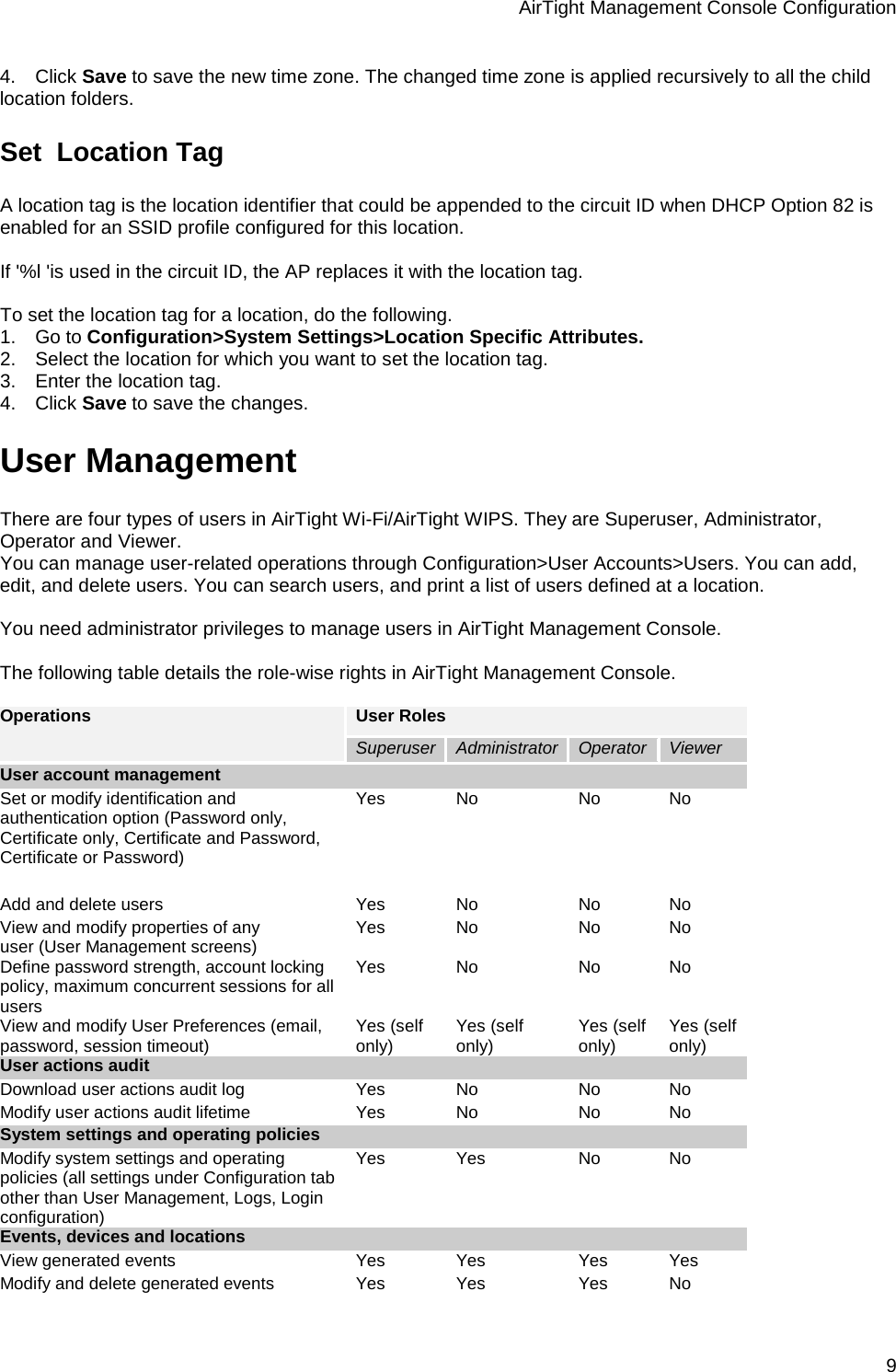 AirTight Management Console Configuration 9 4.      Click Save to save the new time zone. The changed time zone is applied recursively to all the child location folders. Set  Location Tag A location tag is the location identifier that could be appended to the circuit ID when DHCP Option 82 is enabled for an SSID profile configured for this location.   If &apos;%l &apos;is used in the circuit ID, the AP replaces it with the location tag.   To set the location tag for a location, do the following. 1.      Go to Configuration&gt;System Settings&gt;Location Specific Attributes. 2.      Select the location for which you want to set the location tag. 3.      Enter the location tag. 4.      Click Save to save the changes. User Management There are four types of users in AirTight Wi-Fi/AirTight WIPS. They are Superuser, Administrator, Operator and Viewer. You can manage user-related operations through Configuration&gt;User Accounts&gt;Users. You can add, edit, and delete users. You can search users, and print a list of users defined at a location.   You need administrator privileges to manage users in AirTight Management Console.   The following table details the role-wise rights in AirTight Management Console.   Operations   User Roles Superuser Administrator Operator Viewer User account management Set or modify identification and authentication option (Password only, Certificate only, Certificate and Password, Certificate or Password)   Yes No No No Add and delete users Yes No No No View and modify properties of any user (User Management screens) Yes No No No Define password strength, account locking policy, maximum concurrent sessions for all users Yes No No No View and modify User Preferences (email, password, session timeout) Yes (self only) Yes (self only) Yes (self only) Yes (self only) User actions audit Download user actions audit log Yes No No No Modify user actions audit lifetime Yes No No No System settings and operating policies Modify system settings and operating policies (all settings under Configuration tab other than User Management, Logs, Login configuration) Yes Yes No No Events, devices and locations View generated events Yes Yes Yes Yes Modify and delete generated events Yes Yes Yes No 