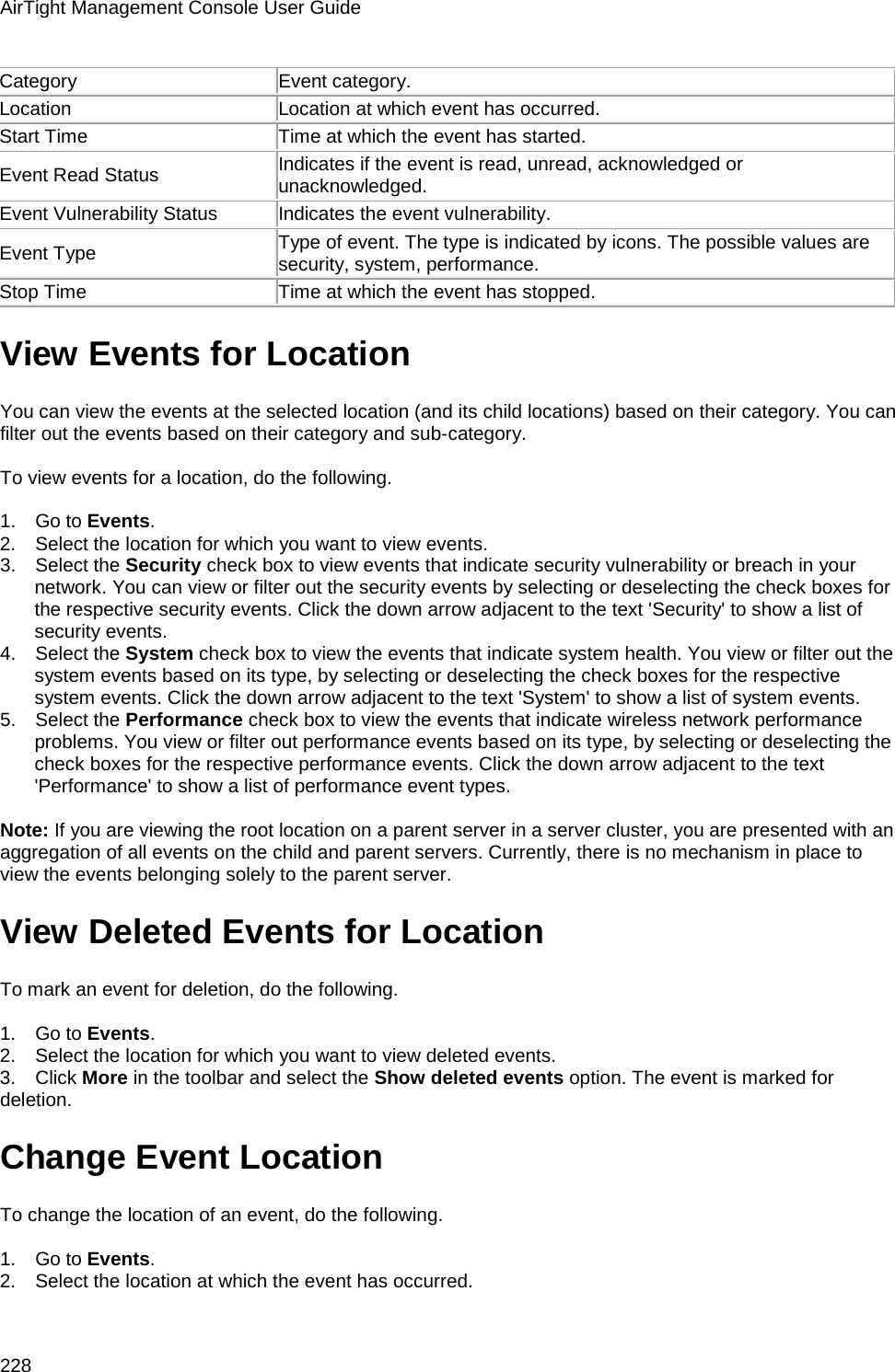 AirTight Management Console User Guide 228 Category  Event category. Location Location at which event has occurred. Start Time  Time at which the event has started. Event Read Status Indicates if the event is read, unread, acknowledged or unacknowledged. Event Vulnerability Status Indicates the event vulnerability. Event Type Type of event. The type is indicated by icons. The possible values are security, system, performance. Stop Time Time at which the event has stopped. View Events for Location You can view the events at the selected location (and its child locations) based on their category. You can filter out the events based on their category and sub-category.   To view events for a location, do the following.   1.      Go to Events. 2.      Select the location for which you want to view events. 3.      Select the Security check box to view events that indicate security vulnerability or breach in your network. You can view or filter out the security events by selecting or deselecting the check boxes for the respective security events. Click the down arrow adjacent to the text &apos;Security&apos; to show a list of security events. 4.      Select the System check box to view the events that indicate system health. You view or filter out the system events based on its type, by selecting or deselecting the check boxes for the respective system events. Click the down arrow adjacent to the text &apos;System&apos; to show a list of system events. 5.      Select the Performance check box to view the events that indicate wireless network performance problems. You view or filter out performance events based on its type, by selecting or deselecting the check boxes for the respective performance events. Click the down arrow adjacent to the text &apos;Performance&apos; to show a list of performance event types.   Note: If you are viewing the root location on a parent server in a server cluster, you are presented with an aggregation of all events on the child and parent servers. Currently, there is no mechanism in place to view the events belonging solely to the parent server. View Deleted Events for Location To mark an event for deletion, do the following.   1.      Go to Events. 2.      Select the location for which you want to view deleted events. 3.      Click More in the toolbar and select the Show deleted events option. The event is marked for deletion. Change Event Location To change the location of an event, do the following.   1.      Go to Events. 2.      Select the location at which the event has occurred. 