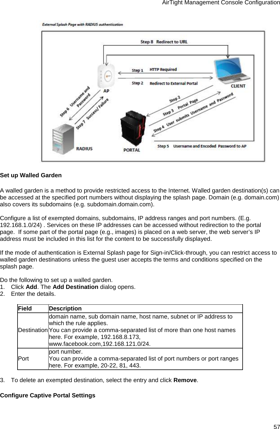 AirTight Management Console Configuration 57  Set up Walled Garden A walled garden is a method to provide restricted access to the Internet. Walled garden destination(s) can be accessed at the specified port numbers without displaying the splash page. Domain (e.g. domain.com) also covers its subdomains (e.g. subdomain.domain.com).    Configure a list of exempted domains, subdomains, IP address ranges and port numbers. (E.g. 192.168.1.0/24) . Services on these IP addresses can be accessed without redirection to the portal page.  If some part of the portal page (e.g., images) is placed on a web server, the web server’s IP address must be included in this list for the content to be successfully displayed.   If the mode of authentication is External Splash page for Sign-in/Click-through, you can restrict access to walled garden destinations unless the guest user accepts the terms and conditions specified on the splash page.   Do the following to set up a walled garden. 1.      Click Add. The Add Destination dialog opens. 2.      Enter the details.   Field Description Destination domain name, sub domain name, host name, subnet or IP address to which the rule applies.  You can provide a comma-separated list of more than one host names here. For example, 192.168.8.173, www.facebook.com,192.168.121.0/24. Port port number.  You can provide a comma-separated list of port numbers or port ranges here. For example, 20-22, 81, 443.   3.      To delete an exempted destination, select the entry and click Remove. Configure Captive Portal Settings 