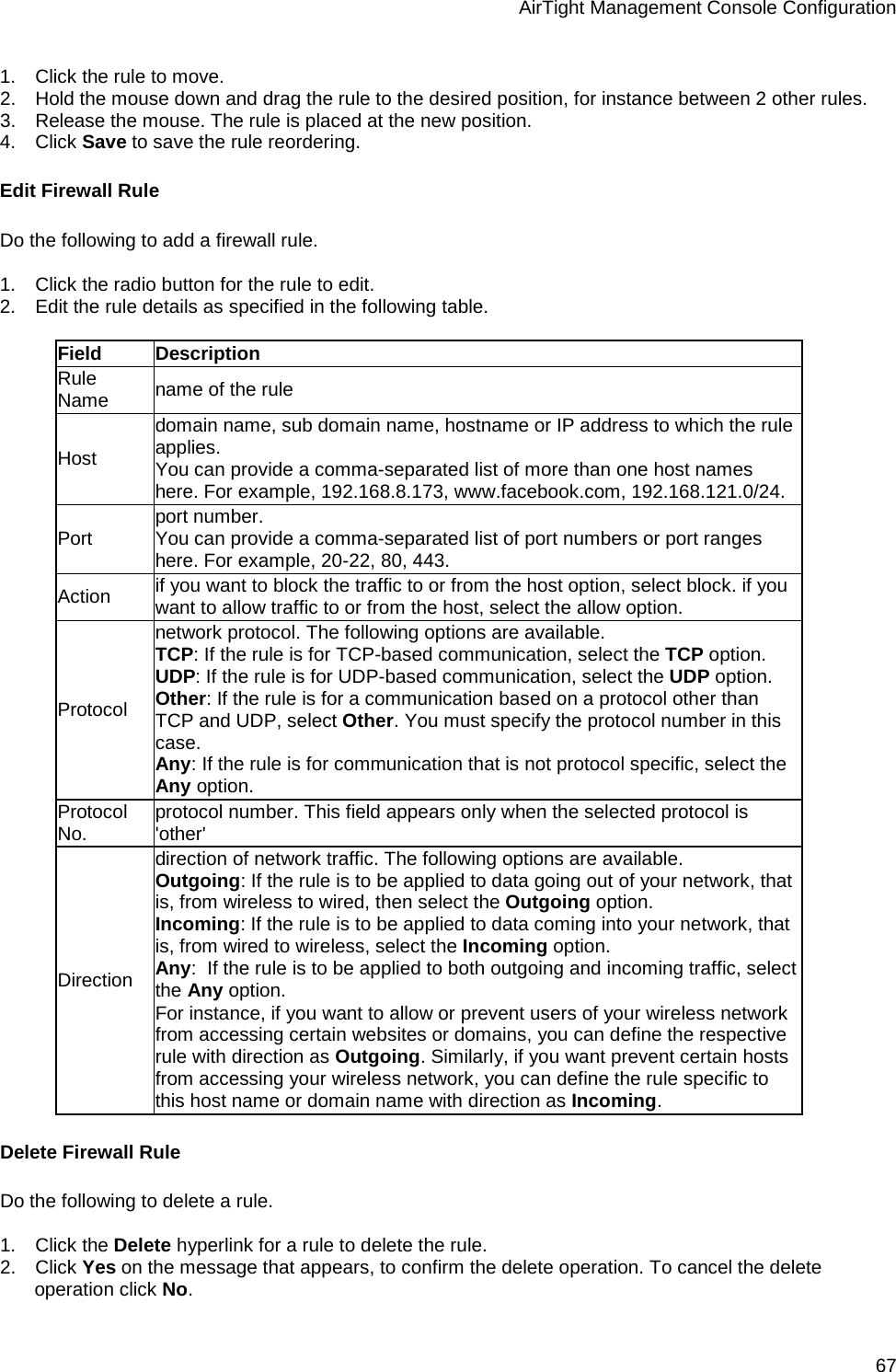 AirTight Management Console Configuration 67 1.      Click the rule to move.  2.      Hold the mouse down and drag the rule to the desired position, for instance between 2 other rules. 3.      Release the mouse. The rule is placed at the new position. 4.      Click Save to save the rule reordering. Edit Firewall Rule Do the following to add a firewall rule.   1.      Click the radio button for the rule to edit. 2.      Edit the rule details as specified in the following table.   Field Description Rule Name name of the rule Host domain name, sub domain name, hostname or IP address to which the rule applies.  You can provide a comma-separated list of more than one host names here. For example, 192.168.8.173, www.facebook.com, 192.168.121.0/24. Port port number.  You can provide a comma-separated list of port numbers or port ranges here. For example, 20-22, 80, 443. Action if you want to block the traffic to or from the host option, select block. if you want to allow traffic to or from the host, select the allow option.  Protocol network protocol. The following options are available.  TCP: If the rule is for TCP-based communication, select the TCP option.  UDP: If the rule is for UDP-based communication, select the UDP option.  Other: If the rule is for a communication based on a protocol other than TCP and UDP, select Other. You must specify the protocol number in this case.  Any: If the rule is for communication that is not protocol specific, select the Any option.  Protocol No. protocol number. This field appears only when the selected protocol is &apos;other&apos; Direction direction of network traffic. The following options are available.  Outgoing: If the rule is to be applied to data going out of your network, that is, from wireless to wired, then select the Outgoing option.  Incoming: If the rule is to be applied to data coming into your network, that is, from wired to wireless, select the Incoming option.  Any:  If the rule is to be applied to both outgoing and incoming traffic, select the Any option.  For instance, if you want to allow or prevent users of your wireless network from accessing certain websites or domains, you can define the respective rule with direction as Outgoing. Similarly, if you want prevent certain hosts from accessing your wireless network, you can define the rule specific to this host name or domain name with direction as Incoming. Delete Firewall Rule Do the following to delete a rule.   1.      Click the Delete hyperlink for a rule to delete the rule.  2.      Click Yes on the message that appears, to confirm the delete operation. To cancel the delete operation click No. 