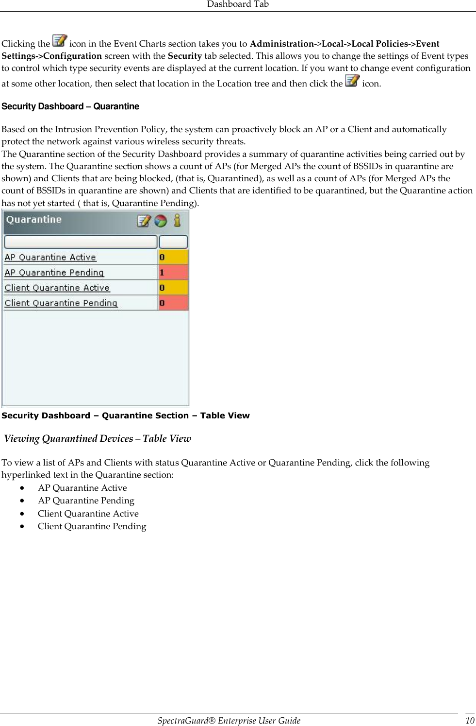 Dashboard Tab SpectraGuard®  Enterprise User Guide 10 Clicking the   icon in the Event Charts section takes you to Administration-&gt;Local-&gt;Local Policies-&gt;Event Settings-&gt;Configuration screen with the Security tab selected. This allows you to change the settings of Event types to control which type security events are displayed at the current location. If you want to change event configuration at some other location, then select that location in the Location tree and then click the   icon. Security Dashboard – Quarantine Based on the Intrusion Prevention Policy, the system can proactively block an AP or a Client and automatically protect the network against various wireless security threats. The Quarantine section of the Security Dashboard provides a summary of quarantine activities being carried out by the system. The Quarantine section shows a count of APs (for Merged APs the count of BSSIDs in quarantine are shown) and Clients that are being blocked, (that is, Quarantined), as well as a count of APs (for Merged APs the count of BSSIDs in quarantine are shown) and Clients that are identified to be quarantined, but the Quarantine action has not yet started ( that is, Quarantine Pending).  Security Dashboard – Quarantine Section – Table View  Viewing Quarantined Devices – Table View To view a list of APs and Clients with status Quarantine Active or Quarantine Pending, click the following hyperlinked text in the Quarantine section:  AP Quarantine Active  AP Quarantine Pending  Client Quarantine Active  Client Quarantine Pending   