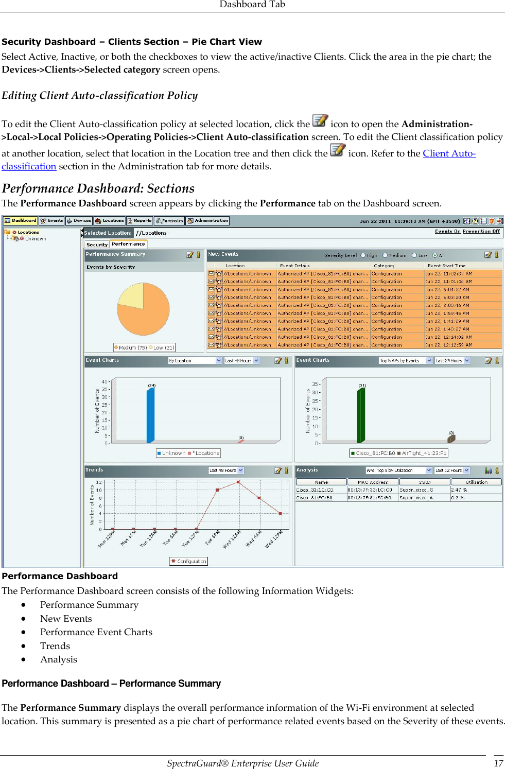 Dashboard Tab SpectraGuard®  Enterprise User Guide 17 Security Dashboard – Clients Section – Pie Chart View Select Active, Inactive, or both the checkboxes to view the active/inactive Clients. Click the area in the pie chart; the Devices-&gt;Clients-&gt;Selected category screen opens. Editing Client Auto-classification Policy To edit the Client Auto-classification policy at selected location, click the   icon to open the Administration-&gt;Local-&gt;Local Policies-&gt;Operating Policies-&gt;Client Auto-classification screen. To edit the Client classification policy at another location, select that location in the Location tree and then click the   icon. Refer to the Client Auto-classification section in the Administration tab for more details. Performance Dashboard: Sections The Performance Dashboard screen appears by clicking the Performance tab on the Dashboard screen.  Performance Dashboard The Performance Dashboard screen consists of the following Information Widgets:  Performance Summary  New Events  Performance Event Charts  Trends  Analysis Performance Dashboard – Performance Summary The Performance Summary displays the overall performance information of the Wi-Fi environment at selected location. This summary is presented as a pie chart of performance related events based on the Severity of these events. 