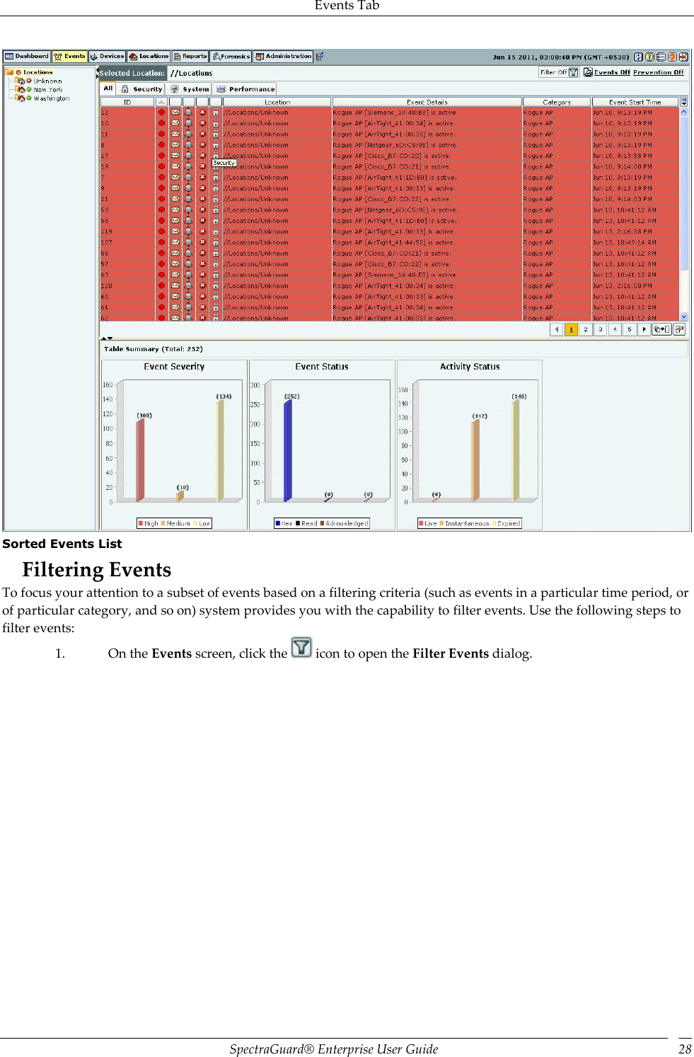 Events Tab SpectraGuard®  Enterprise User Guide 28  Sorted Events List Filtering Events To focus your attention to a subset of events based on a filtering criteria (such as events in a particular time period, or of particular category, and so on) system provides you with the capability to filter events. Use the following steps to filter events: 1. On the Events screen, click the   icon to open the Filter Events dialog. 