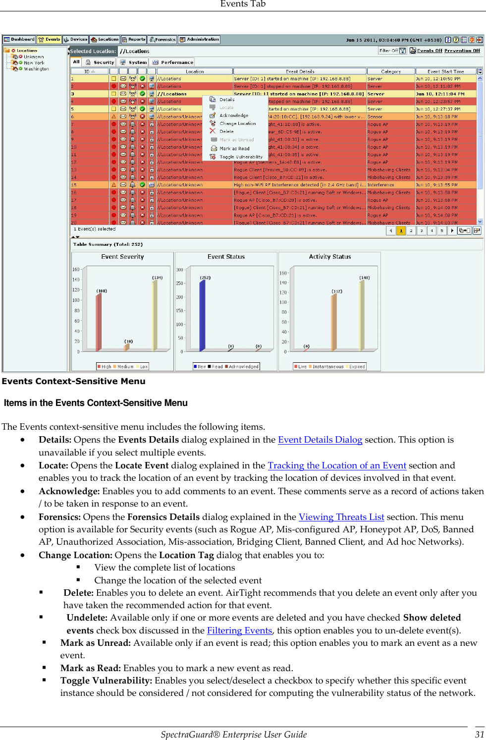 Events Tab SpectraGuard®  Enterprise User Guide 31  Events Context-Sensitive Menu  Items in the Events Context-Sensitive Menu The Events context-sensitive menu includes the following items.  Details: Opens the Events Details dialog explained in the Event Details Dialog section. This option is unavailable if you select multiple events.  Locate: Opens the Locate Event dialog explained in the Tracking the Location of an Event section and enables you to track the location of an event by tracking the location of devices involved in that event.  Acknowledge: Enables you to add comments to an event. These comments serve as a record of actions taken / to be taken in response to an event.  Forensics: Opens the Forensics Details dialog explained in the Viewing Threats List section. This menu option is available for Security events (such as Rogue AP, Mis-configured AP, Honeypot AP, DoS, Banned AP, Unauthorized Association, Mis-association, Bridging Client, Banned Client, and Ad hoc Networks).  Change Location: Opens the Location Tag dialog that enables you to:  View the complete list of locations  Change the location of the selected event  Delete: Enables you to delete an event. AirTight recommends that you delete an event only after you have taken the recommended action for that event.  Undelete: Available only if one or more events are deleted and you have checked Show deleted events check box discussed in the Filtering Events, this option enables you to un-delete event(s).  Mark as Unread: Available only if an event is read; this option enables you to mark an event as a new event.  Mark as Read: Enables you to mark a new event as read.  Toggle Vulnerability: Enables you select/deselect a checkbox to specify whether this specific event instance should be considered / not considered for computing the vulnerability status of the network. 