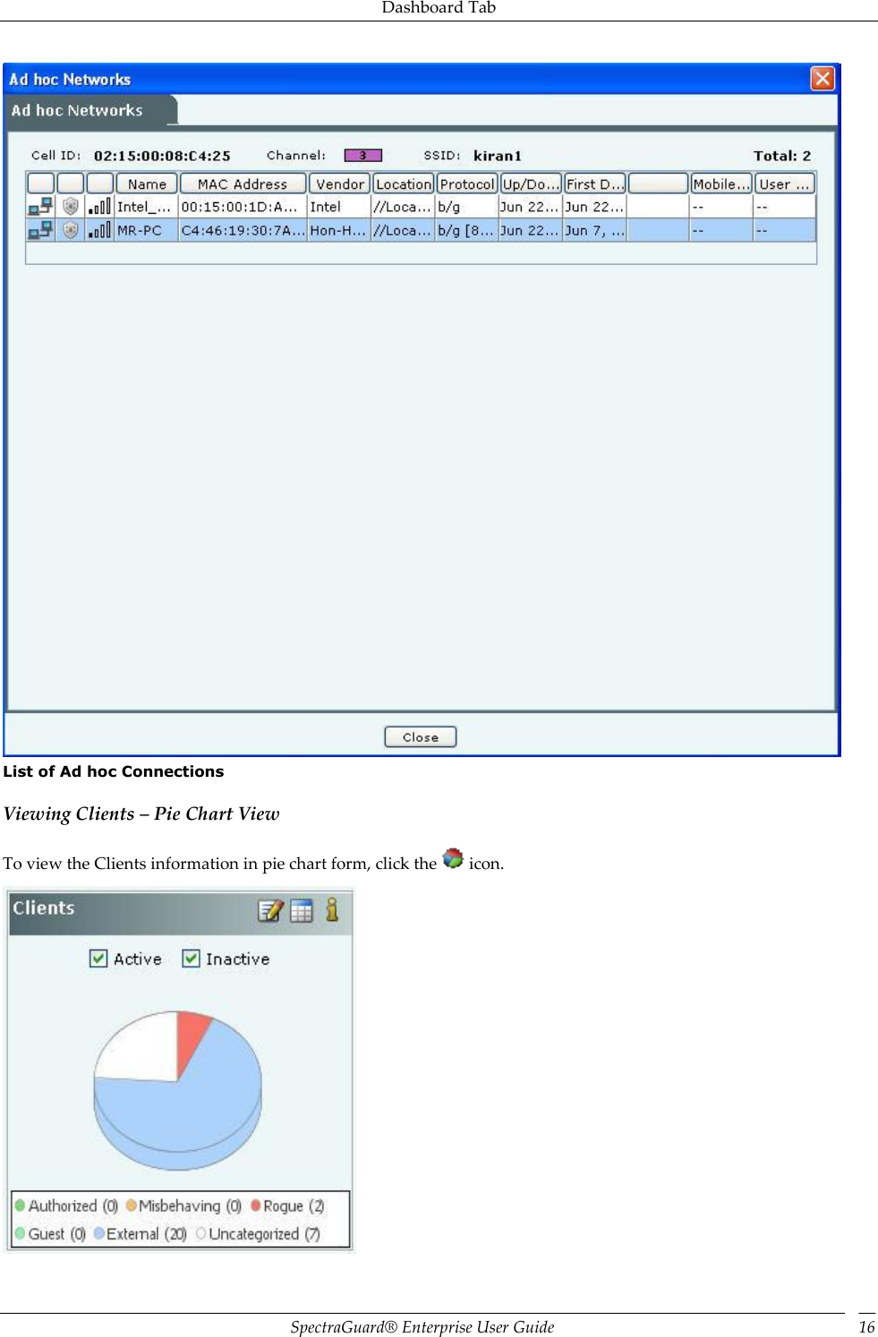 Dashboard Tab SpectraGuard®  Enterprise User Guide 16  List of Ad hoc Connections Viewing Clients – Pie Chart View To view the Clients information in pie chart form, click the   icon.  