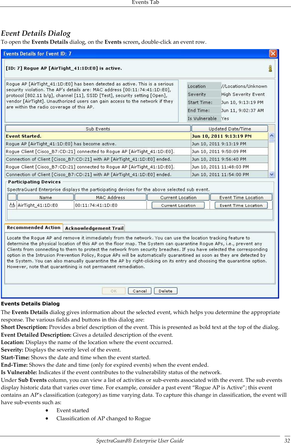 Events Tab SpectraGuard®  Enterprise User Guide 32   Event Details Dialog To open the Events Details dialog, on the Events screen, double-click an event row.  Events Details Dialog The Events Details dialog gives information about the selected event, which helps you determine the appropriate response. The various fields and buttons in this dialog are: Short Description: Provides a brief description of the event. This is presented as bold text at the top of the dialog. Event Detailed Description: Gives a detailed description of the event. Location: Displays the name of the location where the event occurred. Severity: Displays the severity level of the event. Start-Time: Shows the date and time when the event started. End-Time: Shows the date and time (only for expired events) when the event ended. Is Vulnerable: Indicates if the event contributes to the vulnerability status of the network. Under Sub Events column, you can view a list of activities or sub-events associated with the event. The sub events display historic data that varies over time. For example, consider a past event “Rogue AP is Active”; this event contains an AP’s classification (category) as time varying data. To capture this change in classification, the event will have sub-events such as:  Event started  Classification of AP changed to Rogue 