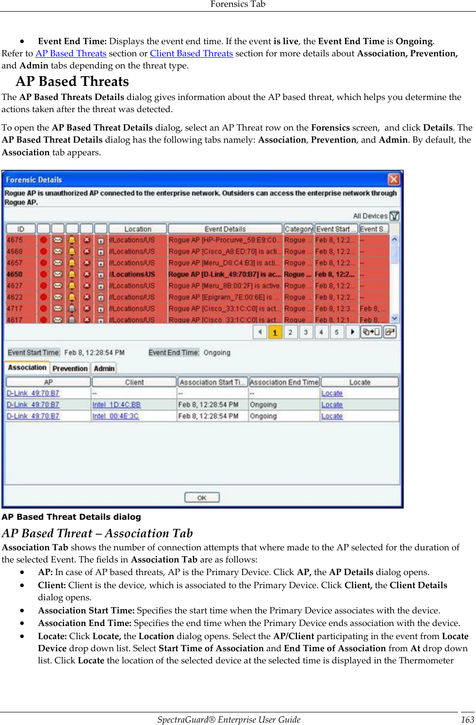 Forensics Tab SpectraGuard®  Enterprise User Guide 163  Event End Time: Displays the event end time. If the event is live, the Event End Time is Ongoing. Refer to AP Based Threats section or Client Based Threats section for more details about Association, Prevention, and Admin tabs depending on the threat type. AP Based Threats The AP Based Threats Details dialog gives information about the AP based threat, which helps you determine the actions taken after the threat was detected. To open the AP Based Threat Details dialog, select an AP Threat row on the Forensics screen,  and click Details. The AP Based Threat Details dialog has the following tabs namely: Association, Prevention, and Admin. By default, the Association tab appears.    AP Based Threat Details dialog AP Based Threat – Association Tab Association Tab shows the number of connection attempts that where made to the AP selected for the duration of the selected Event. The fields in Association Tab are as follows:  AP: In case of AP based threats, AP is the Primary Device. Click AP, the AP Details dialog opens.  Client: Client is the device, which is associated to the Primary Device. Click Client, the Client Details dialog opens.  Association Start Time: Specifies the start time when the Primary Device associates with the device.  Association End Time: Specifies the end time when the Primary Device ends association with the device.  Locate: Click Locate, the Location dialog opens. Select the AP/Client participating in the event from Locate Device drop down list. Select Start Time of Association and End Time of Association from At drop down list. Click Locate the location of the selected device at the selected time is displayed in the Thermometer 