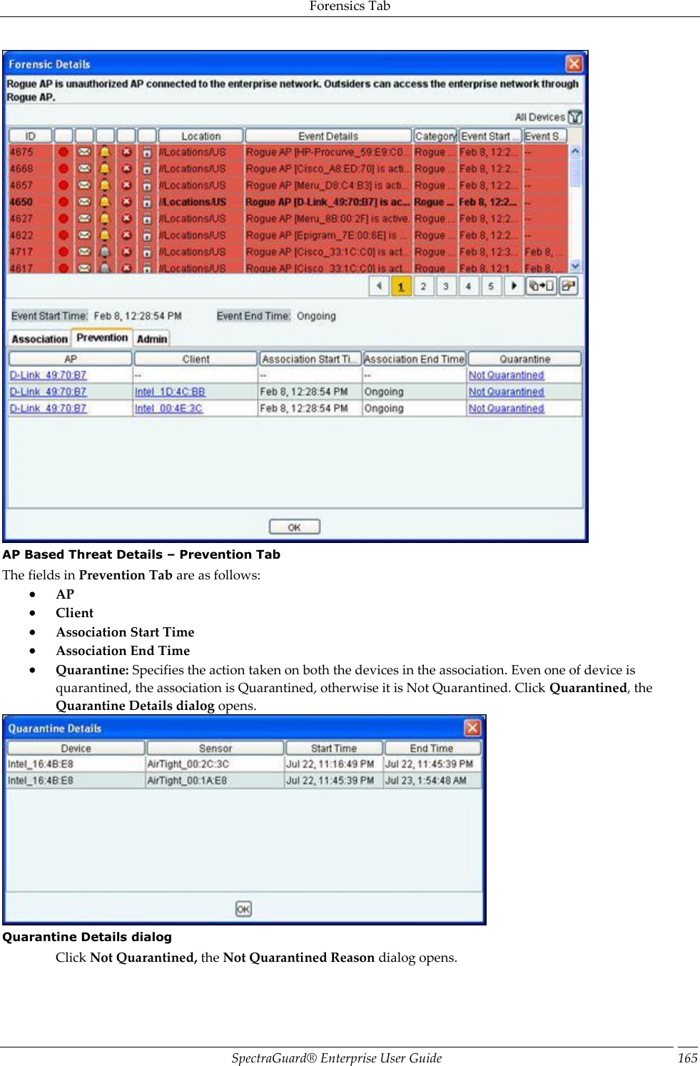 Forensics Tab SpectraGuard®  Enterprise User Guide 165  AP Based Threat Details – Prevention Tab The fields in Prevention Tab are as follows:  AP  Client  Association Start Time  Association End Time  Quarantine: Specifies the action taken on both the devices in the association. Even one of device is quarantined, the association is Quarantined, otherwise it is Not Quarantined. Click Quarantined, the Quarantine Details dialog opens.  Quarantine Details dialog Click Not Quarantined, the Not Quarantined Reason dialog opens. 