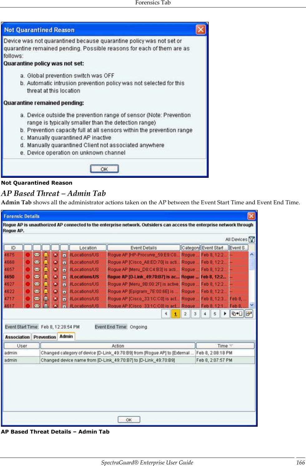 Forensics Tab SpectraGuard®  Enterprise User Guide 166  Not Quarantined Reason AP Based Threat – Admin Tab Admin Tab shows all the administrator actions taken on the AP between the Event Start Time and Event End Time.  AP Based Threat Details – Admin Tab 