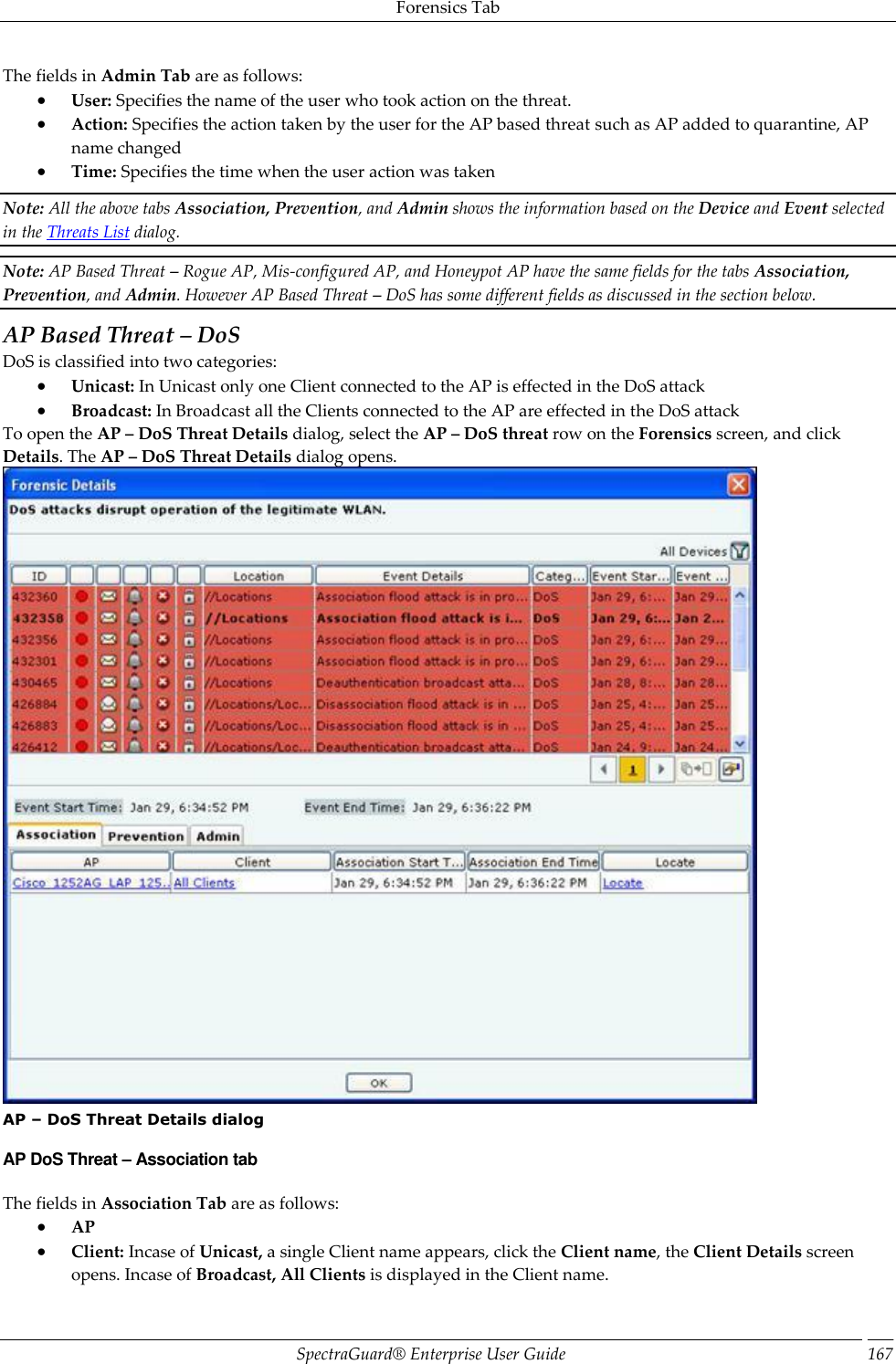 Forensics Tab SpectraGuard®  Enterprise User Guide 167 The fields in Admin Tab are as follows:  User: Specifies the name of the user who took action on the threat.  Action: Specifies the action taken by the user for the AP based threat such as AP added to quarantine, AP name changed  Time: Specifies the time when the user action was taken Note: All the above tabs Association, Prevention, and Admin shows the information based on the Device and Event selected in the Threats List dialog. Note: AP Based Threat – Rogue AP, Mis-configured AP, and Honeypot AP have the same fields for the tabs Association, Prevention, and Admin. However AP Based Threat – DoS has some different fields as discussed in the section below. AP Based Threat – DoS DoS is classified into two categories:  Unicast: In Unicast only one Client connected to the AP is effected in the DoS attack  Broadcast: In Broadcast all the Clients connected to the AP are effected in the DoS attack To open the AP – DoS Threat Details dialog, select the AP – DoS threat row on the Forensics screen, and click Details. The AP – DoS Threat Details dialog opens.  AP – DoS Threat Details dialog AP DoS Threat – Association tab The fields in Association Tab are as follows:  AP  Client: Incase of Unicast, a single Client name appears, click the Client name, the Client Details screen opens. Incase of Broadcast, All Clients is displayed in the Client name. 
