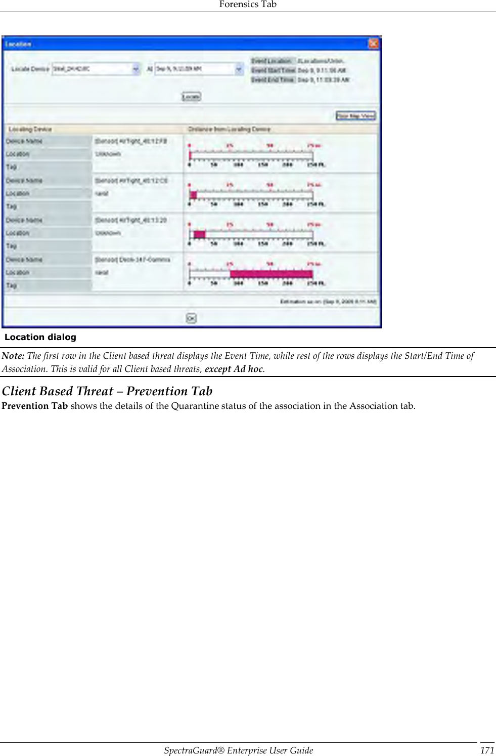 Forensics Tab SpectraGuard®  Enterprise User Guide 171   Location dialog Note: The first row in the Client based threat displays the Event Time, while rest of the rows displays the Start/End Time of Association. This is valid for all Client based threats, except Ad hoc. Client Based Threat – Prevention Tab Prevention Tab shows the details of the Quarantine status of the association in the Association tab. 