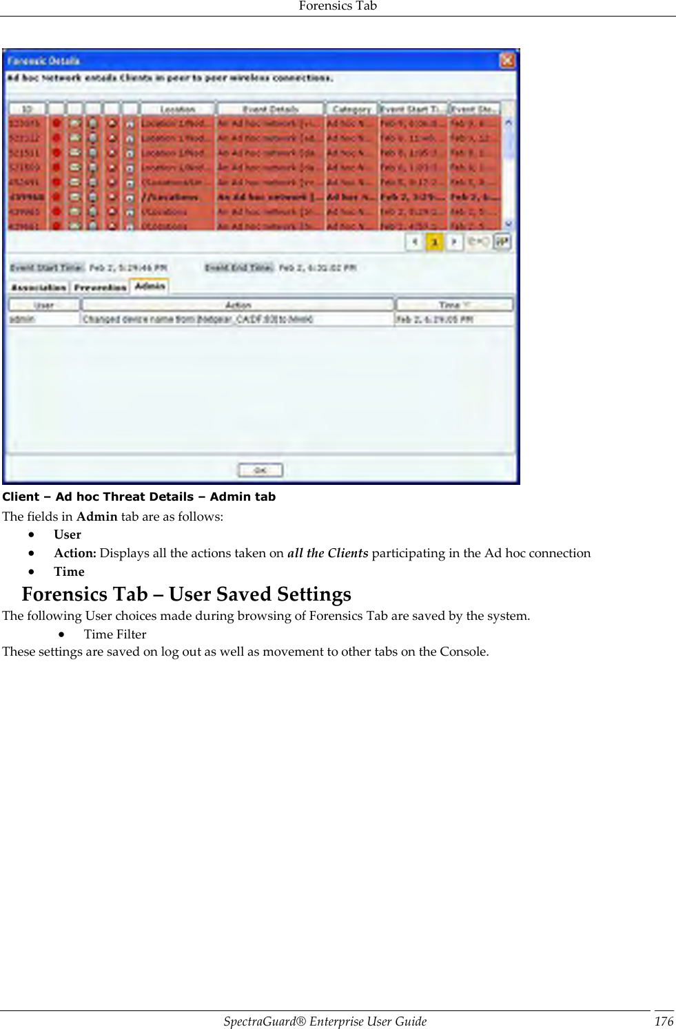 Forensics Tab SpectraGuard®  Enterprise User Guide 176  Client – Ad hoc Threat Details – Admin tab The fields in Admin tab are as follows:  User  Action: Displays all the actions taken on all the Clients participating in the Ad hoc connection  Time Forensics Tab – User Saved Settings The following User choices made during browsing of Forensics Tab are saved by the system.  Time Filter These settings are saved on log out as well as movement to other tabs on the Console. 