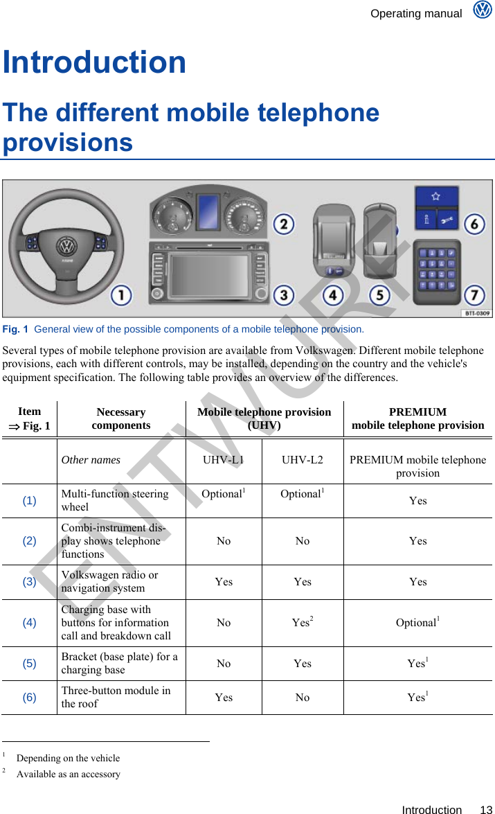    Operating manual     Introduction 13 Introduction The different mobile telephone provisions  Fig. 1  General view of the possible components of a mobile telephone provision. Several types of mobile telephone provision are available from Volkswagen. Different mobile telephone provisions, each with different controls, may be installed, depending on the country and the vehicle&apos;s equipment specification. The following table provides an overview of the differences.  Item  Fig. 1  Necessary  components  Mobile telephone provision (UHV)  PREMIUM mobile telephone provision  Other names UHV-L1 UHV-L2  PREMIUM mobile telephone provision (1) Multi-function steering wheel Optional1 Optional1 Yes (2) Combi-instrument dis-play shows telephone functions No No  Yes (3) Volkswagen radio or navigation system  Yes Yes  Yes (4) Charging base with buttons for information call and breakdown call No Yes2 Optional1 (5) Bracket (base plate) for a charging base  No Yes  Yes1 (6) Three-button module in the roof  Yes No  Yes1                                                       1  Depending on the vehicle 2  Available as an accessory ENTWURF