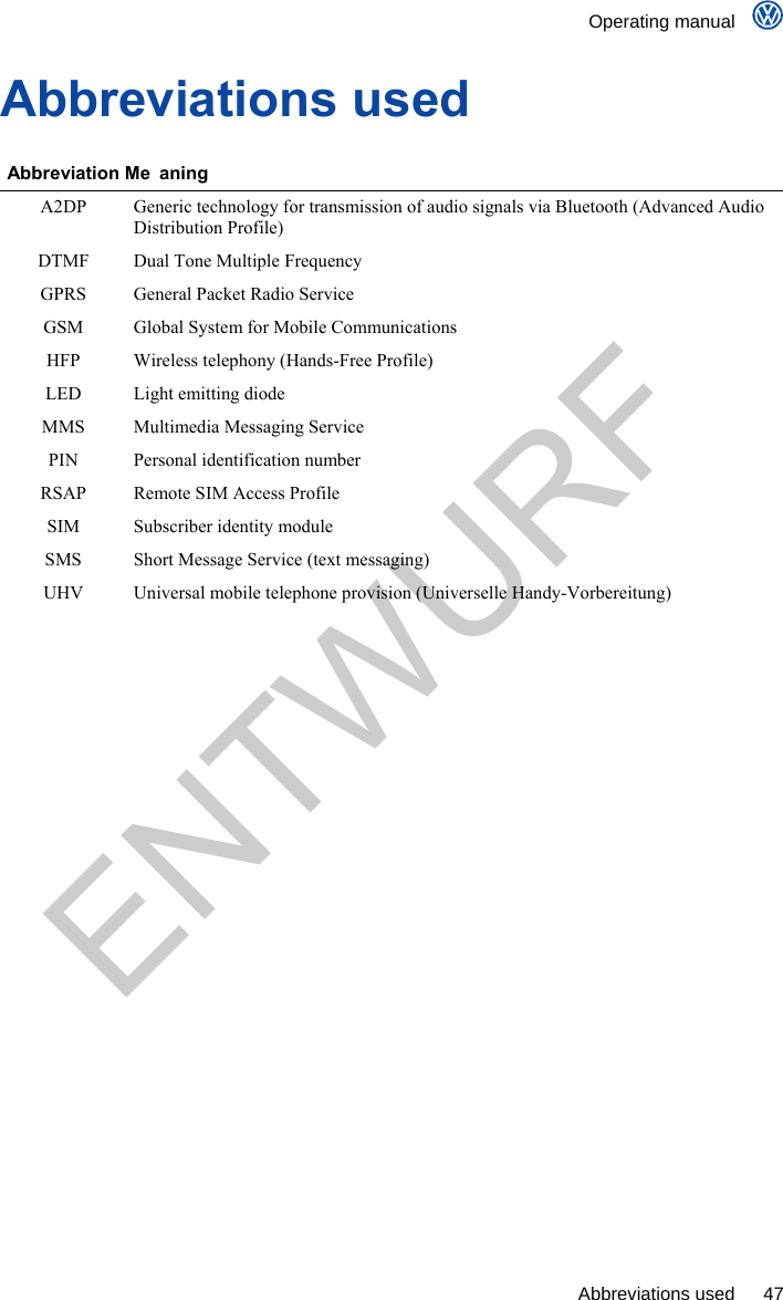    Operating manual     Abbreviations used 47 Abbreviations used Abbreviation Me aning A2DP  Generic technology for transmission of audio signals via Bluetooth (Advanced Audio Distribution Profile) DTMF  Dual Tone Multiple Frequency GPRS  General Packet Radio Service GSM  Global System for Mobile Communications HFP  Wireless telephony (Hands-Free Profile) LED  Light emitting diode MMS Multimedia Messaging Service PIN  Personal identification number RSAP  Remote SIM Access Profile SIM Subscriber identity module SMS  Short Message Service (text messaging) UHV  Universal mobile telephone provision (Universelle Handy-Vorbereitung) ENTWURF