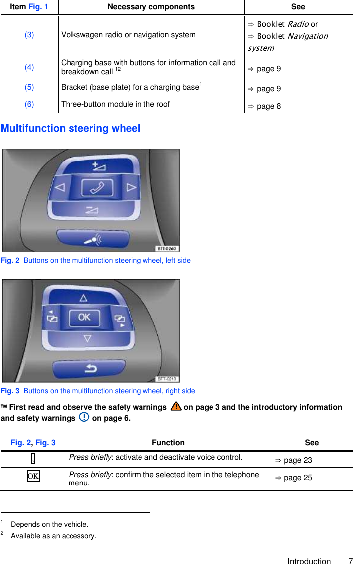     Introduction  7 Item Fig. 1 Necessary components See (3)  Volkswagen radio or navigation system ⇒ Booklet Radio or ⇒ Booklet Navigation system (4) Charging base with buttons for information call and breakdown call 12 ⇒ page 9 (5)  Bracket (base plate) for a charging base1 ⇒ page 9 (6)  Three-button module in the roof  ⇒ page 8  Multifunction steering wheel  Fig. 2  Buttons on the multifunction steering wheel, left side  Fig. 3  Buttons on the multifunction steering wheel, right side  First read and observe the safety warnings   on page 3 and the introductory information and safety warnings   on page 6.  Fig. 2, Fig. 3 Function See , Press briefly: activate and deactivate voice control.  ⇒ page 23 ΟΚ Press briefly: confirm the selected item in the telephone menu.  ⇒ page 25                                                       1  Depends on the vehicle. 2  Available as an accessory. 