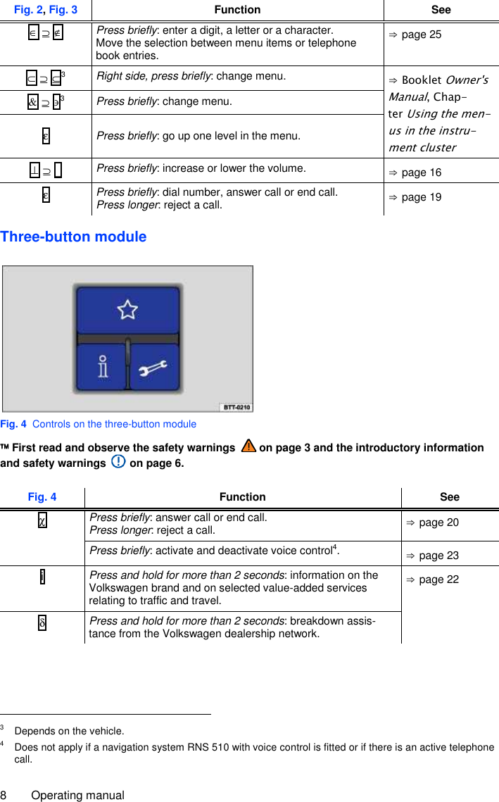 8  Operating manual Fig. 2, Fig. 3 Function See ∈ ⊇ ∉ Press briefly: enter a digit, a letter or a character.  Move the selection between menu items or telephone book entries. ⇒ page 25 ⊂ ⊇ ⊆3 Right side, press briefly: change menu.  ⇒ Booklet Owner&apos;s Manual, Chap-ter Using the men-us in the instru-ment cluster &amp; ⊇ ∋3 Press briefly: change menu. ε Press briefly: go up one level in the menu. ⊥ ⊇ _ Press briefly: increase or lower the volume.  ⇒ page 16 ε Press briefly: dial number, answer call or end call. Press longer: reject a call.  ⇒ page 19  Three-button module  Fig. 4  Controls on the three-button module  First read and observe the safety warnings   on page 3 and the introductory information and safety warnings   on page 6.  Fig. 4 Function See χ Press briefly: answer call or end call. Press longer: reject a call.  ⇒ page 20 Press briefly: activate and deactivate voice control4.  ⇒ page 23 i  Press and hold for more than 2 seconds: information on the Volkswagen brand and on selected value-added services relating to traffic and travel. ⇒ page 22 δ Press and hold for more than 2 seconds: breakdown assis-tance from the Volkswagen dealership network.                                                        3  Depends on the vehicle. 4  Does not apply if a navigation system RNS 510 with voice control is fitted or if there is an active telephone call. 