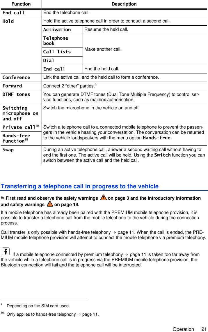     Operation  21 Function Description End call End the telephone call. Hold Hold the active telephone call in order to conduct a second call. Activation Resume the held call. Telephone book Make another call. Call lists Dial End call End the held call. Conference Link the active call and the held call to form a conference. Forward Connect 2 “other” parties.9 DTMF tones You can generate DTMF tones (Dual Tone Multiple Frequency) to control ser-vice functions, such as mailbox authorisation. Switching microphone on and off Switch the microphone in the vehicle on and off. Private call10 Switch a telephone call to a connected mobile telephone to prevent the passen-gers in the vehicle hearing your conversation. The conversation can be returned to the vehicle loudspeakers with the menu option Hands-free. Hands-free function10 Swap During an active telephone call, answer a second waiting call without having to end the first one. The active call will be held. Using the Switch function you can switch between the active call and the held call.  Transferring a telephone call in progress to the vehicle  First read and observe the safety warnings   on page 3 and the introductory information and safety warnings   on page 19. If a mobile telephone has already been paired with the PREMIUM mobile telephone provision, it is possible to transfer a telephone call from the mobile telephone to the vehicle during the connection process. Call transfer is only possible with hands-free telephony ⇒ page 11. When the call is ended, the PRE-MIUM mobile telephone provision will attempt to connect the mobile telephone via premium telephony.   If a mobile telephone connected by premium telephony ⇒ page 11 is taken too far away from the vehicle while a telephone call is in progress via the PREMIUM mobile telephone provision, the Bluetooth connection will fail and the telephone call will be interrupted.                                                       9  Depending on the SIM card used. 10  Only applies to hands-free telephony ⇒ page 11. 