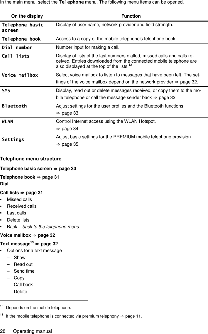 28  Operating manual In the main menu, select the Telephone menu. The following menu items can be opened.  On the display Function Telephone basic screen Display of user name, network provider and field strength. Telephone book Access to a copy of the mobile telephone&apos;s telephone book. Dial number Number input for making a call. Call lists Display of lists of the last numbers dialled, missed calls and calls re-ceived. Entries downloaded from the connected mobile telephone are also displayed at the top of the lists.12 Voice mailbox Select voice mailbox to listen to messages that have been left. The set-tings of the voice mailbox depend on the network provider ⇒ page 32. SMS Display, read out or delete messages received, or copy them to the mo-bile telephone or call the message sender back ⇒ page 32. Bluetooth Adjust settings for the user profiles and the Bluetooth functions ⇒ page 33. WLAN  Control Internet access using the WLAN Hotspot. ⇒ page 34 Settings Adjust basic settings for the PREMIUM mobile telephone provision ⇒ page 35.  Telephone menu structure Telephone basic screen ⇒⇒⇒⇒    page 30 Telephone book ⇒⇒⇒⇒    page 31 Dial Call lists ⇒⇒⇒⇒    page 31 ▪  Missed calls ▪  Received calls ▪  Last calls ▪  Delete lists ▪  Back – back to the telephone menu Voice mailbox ⇒⇒⇒⇒    page 32 Text message13 ⇒⇒⇒⇒    page 32 ▪  Options for a text message –  Show –  Read out –  Send time –  Copy –  Call back –  Delete                                                       12  Depends on the mobile telephone. 13  If the mobile telephone is connected via premium telephony ⇒ page 11. 