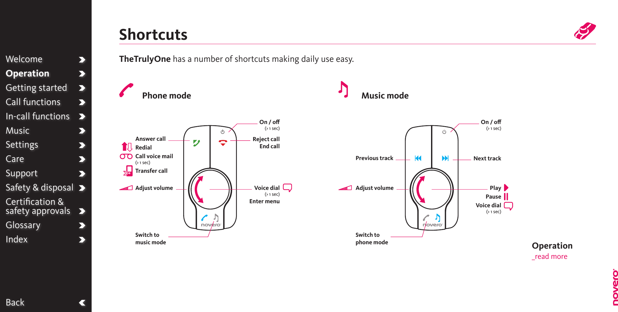 BackWelcomeOperationGetting startedCall functionsIn-call functionsMusicSettingsCareSupportSafety &amp; disposalCertiﬁcation &amp;  safety approvalsGlossaryIndexShortcutsTheTrulyOne has a number of shortcuts making daily use easy.Phone mode Music modeSwitch to music modeReject callEnd callAnswer callRedialCall voice mail(&gt; 1 sec)Transfer callAdjust volume  On / o(&gt; 1 sec)Voice dial (&gt; 1 sec)Enter menuOn / o  (&gt; 1 sec)Switch to phone modeNext trackAdjust volume Previous track Play  PauseVoice dial (&gt; 1 sec)Operation _read more