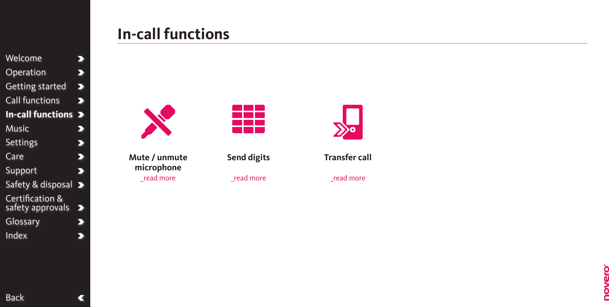 BackWelcomeOperationGetting startedCall functionsIn-call functionsMusicSettingsCareSupportSafety &amp; disposalCertiﬁcation &amp;  safety approvalsGlossaryIndexTransfer call_read moreSend digits_read moreMute / unmute  microphone_read moreIn-call functions
