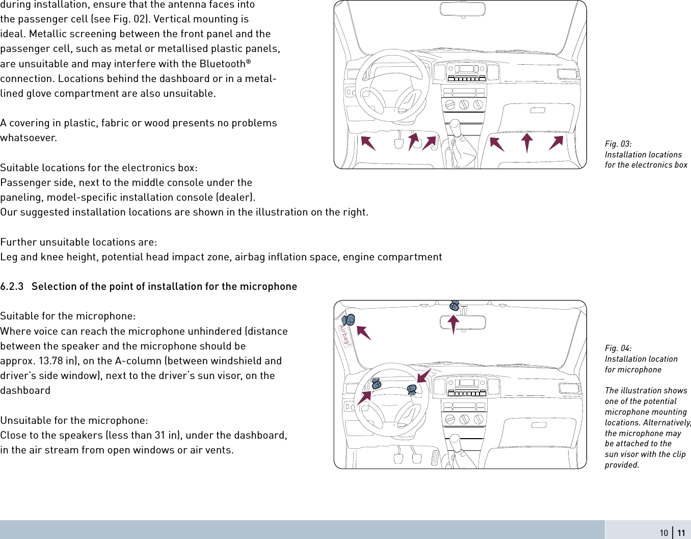 during installation, ensure that the antenna faces into the passenger cell (see Fig. 02). Vertical mounting is ideal. Metallic screening between the front panel and the passenger cell, such as metal or metallised plastic panels, are unsuitable and may interfere with the Bluetooth® connection. Locations behind the dashboard or in a metal-lined glove compartment are also unsuitable.A covering in plastic, fabric or wood presents no problems whatsoever.Suitable locations for the electronics box:Passenger side, next to the middle console under the paneling, model-speciﬁ c installation console (dealer). Our suggested installation locations are shown in the illustration on the right.Further unsuitable locations are:Leg and knee height, potential head impact zone, airbag inﬂ ation space, engine compartment6.2.3  Selection of the point of installation for the microphoneSuitable for the microphone:Where voice can reach the microphone unhindered (distance between the speaker and the microphone should be approx. 13.78 in), on the A-column (between windshield and driver’s side window), next to the driver‘s sun visor, on the dashboard Unsuitable for the microphone:Close to the speakers (less than 31 in), under the dashboard, in the air stream from open windows or air vents.10 | 11Fig. 03:Installation locationsfor the electronics box Fig. 04:Installation locationfor microphoneThe illustration shows one of the potential microphone mounting locations. Alternatively, the microphone may be attached to the sun visor with the clip provided.