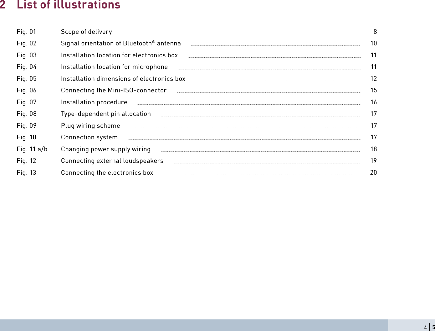 24 | 5List of illustrationsFig. 01  Scope of delivery              8Fig. 02  Signal orientation of Bluetooth® antenna              10Fig. 03  Installation location for electronics box              11Fig. 04  Installation location for microphone              11Fig. 05  Installation dimensions of electronics box              12Fig. 06  Connecting the Mini-ISO-connector              15Fig. 07  Installation procedure              16Fig. 08  Type-dependent pin allocation              17Fig. 09  Plug wiring scheme              17Fig. 10  Connection system              17Fig. 11 a/b  Changing power supply wiring              18Fig. 12  Connecting external loudspeakers              19Fig. 13  Connecting the electronics box              20
