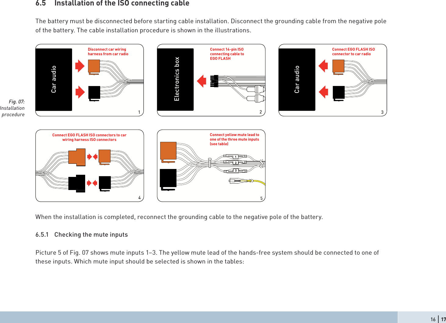 6.5   Installation of the ISO connecting cableThe battery must be disconnected before starting cable installation. Disconnect the grounding cable from the negative pole of the battery. The cable installation procedure is shown in the illustrations.When the installation is completed, reconnect the grounding cable to the negative pole of the battery. 6.5.1  Checking the mute inputsPicture 5 of Fig. 07 shows mute inputs 1–3. The yellow mute lead of the hands-free system should be connected to one of these inputs. Which mute input should be selected is shown in the tables:Fig. 07:Installationprocedure16 | 171234Connect 14-pin ISOconnecting cable toEGO FLASHDisconnect car wiringharness from car radioConnect EGO FLASH ISO connector to car radioConnect EGO FLASH ISO connectors to carwiring harness ISO connectorsConnect yellow mute lead to one of the three mute inputs (see table)Car audioCar audioElectronics box