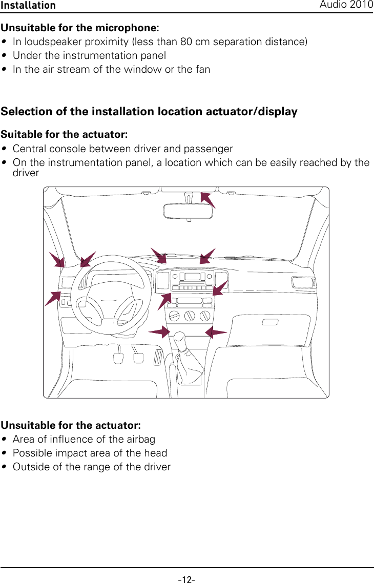 -12-Audio 2010InstallationUnsuitable for the microphone:•In loudspeaker proximity (less than 80 cm separation distance)•Under the instrumentation panel•In the air stream of the window or the fanSelection of the installation location actuator/displaySuitable for the actuator:•Central console between driver and passenger•On the instrumentation panel, a location which can be easily reached by the driverUnsuitable for the actuator:•Area of influence of the airbag•Possible impact area of the head•Outside of the range of the driver