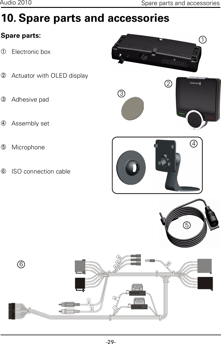-29-Spare parts and accessoriesAudio 201010. Spare parts and accessoriesSpare parts:➀Electronic box➁Actuator with OLED display➂Adhesive pad➃Assembly set➄Microphone➅ISO connection cable213456