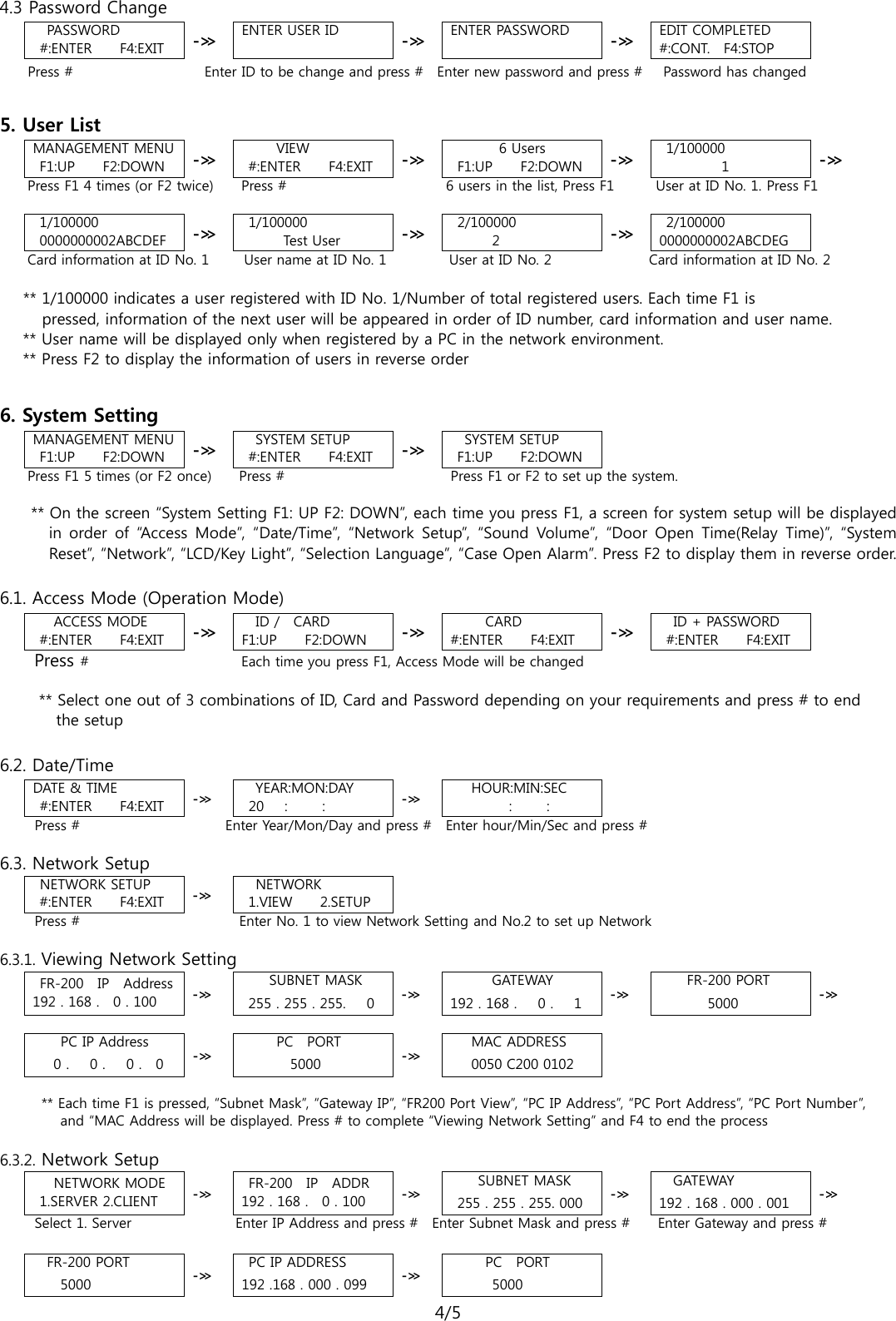 4/5  4.3 Password Change PASSWORD #:ENTER    F4:EXIT -≫ ENTER USER ID  -≫ ENTER PASSWORD  -≫ EDIT COMPLETED #:CONT.   F4:STOP     Press #                    Enter ID to be change and press #  Enter new password and press #   Password has changed  5. User List   MANAGEMENT MENU F1:UP    F2:DOWN -≫      VIEW #:ENTER    F4:EXIT -≫ 6 Users F1:UP    F2:DOWN -≫ 1/100000 1  -≫    Press F1 4 times (or F2 twice)    Press #                       6 users in the list, Press F1      User at ID No. 1. Press F1  1/100000 0000000002ABCDEF -≫ 1/100000 Test User -≫ 2/100000 2  -≫ 2/100000 0000000002ABCDEG    Card information at ID No. 1     User name at ID No. 1         User at ID No. 2              Card information at ID No. 2      ** 1/100000 indicates a user registered with ID No. 1/Number of total registered users. Each time F1 is   pressed, information of the next user will be appeared in order of ID number, card information and user name.      ** User name will be displayed only when registered by a PC in the network environment.      ** Press F2 to display the information of users in reverse order  6. System Setting MANAGEMENT MENU F1:UP    F2:DOWN -≫  SYSTEM SETUP #:ENTER    F4:EXIT -≫ SYSTEM SETUP F1:UP    F2:DOWN Press F1 5 times (or F2 once)    Press #                        Press F1 or F2 to set up the system.  ** On the screen “System Setting F1: UP F2: DOWN”, each time you press F1, a screen for system setup will be displayed in order of “Access Mode”,  “Date/Time”,  “Network Setup”,  “Sound Volume”,  “Door Open Time(Relay Time)”,  “System Reset”, “Network”, “LCD/Key Light”, “Selection Language”, “Case Open Alarm”. Press F2 to display them in reverse order.    6.1. Access Mode (Operation Mode) ACCESS MODE #:ENTER    F4:EXIT -≫ ID /    CARD F1:UP    F2:DOWN -≫ CARD #:ENTER    F4:EXIT -≫   ID + PASSWORD #:ENTER    F4:EXIT    Press #                         Each time you press F1, Access Mode will be changed   ** Select one out of 3 combinations of ID, Card and Password depending on your requirements and press # to end   the setup  6.2. Date/Time DATE &amp; TIME #:ENTER    F4:EXIT -≫  YEAR:MON:DAY 20   :     : -≫ HOUR:MIN:SEC        :     :      Press #                       Enter Year/Mon/Day and press #  Enter hour/Min/Sec and press #  6.3. Network Setup  NETWORK SETUP #:ENTER    F4:EXIT -≫   NETWORK 1.VIEW    2.SETUP      Press #                       Enter No. 1 to view Network Setting and No.2 to set up Network  6.3.1. Viewing Network Setting FR-200  IP  Address 192 . 168 .    0 . 100 -≫ SUBNET MASK 255 . 255 . 255.      0 -≫ GATEWAY 192 . 168 .   0 .   1 -≫ FR-200 PORT 5000 -≫     PC IP Address 0 .   0 .   0 .  0 -≫ PC  PORT 5000 -≫ MAC ADDRESS 0050 C200 0102   ** Each time F1 is pressed, “Subnet Mask”, “Gateway IP”, “FR200 Port View”, “PC IP Address”, “PC Port Address”, “PC Port Number ”,   and “MAC Address will be displayed. Press # to complete “Viewing Network Setting” and F4 to end the process  6.3.2. Network Setup  NETWORK MODE 1.SERVER 2.CLIENT -≫ FR-200  IP  ADDR 192 . 168 .    0 . 100 -≫ SUBNET MASK 255 . 255 . 255. 000 -≫ GATEWAY 192 . 168 . 000 . 001 -≫      Select 1. Server               Enter IP Address and press #  Enter Subnet Mask and press #      Enter Gateway and press #   FR-200 PORT 5000 -≫ PC IP ADDRESS 192 .168 . 000 . 099 -≫ PC  PORT 5000 