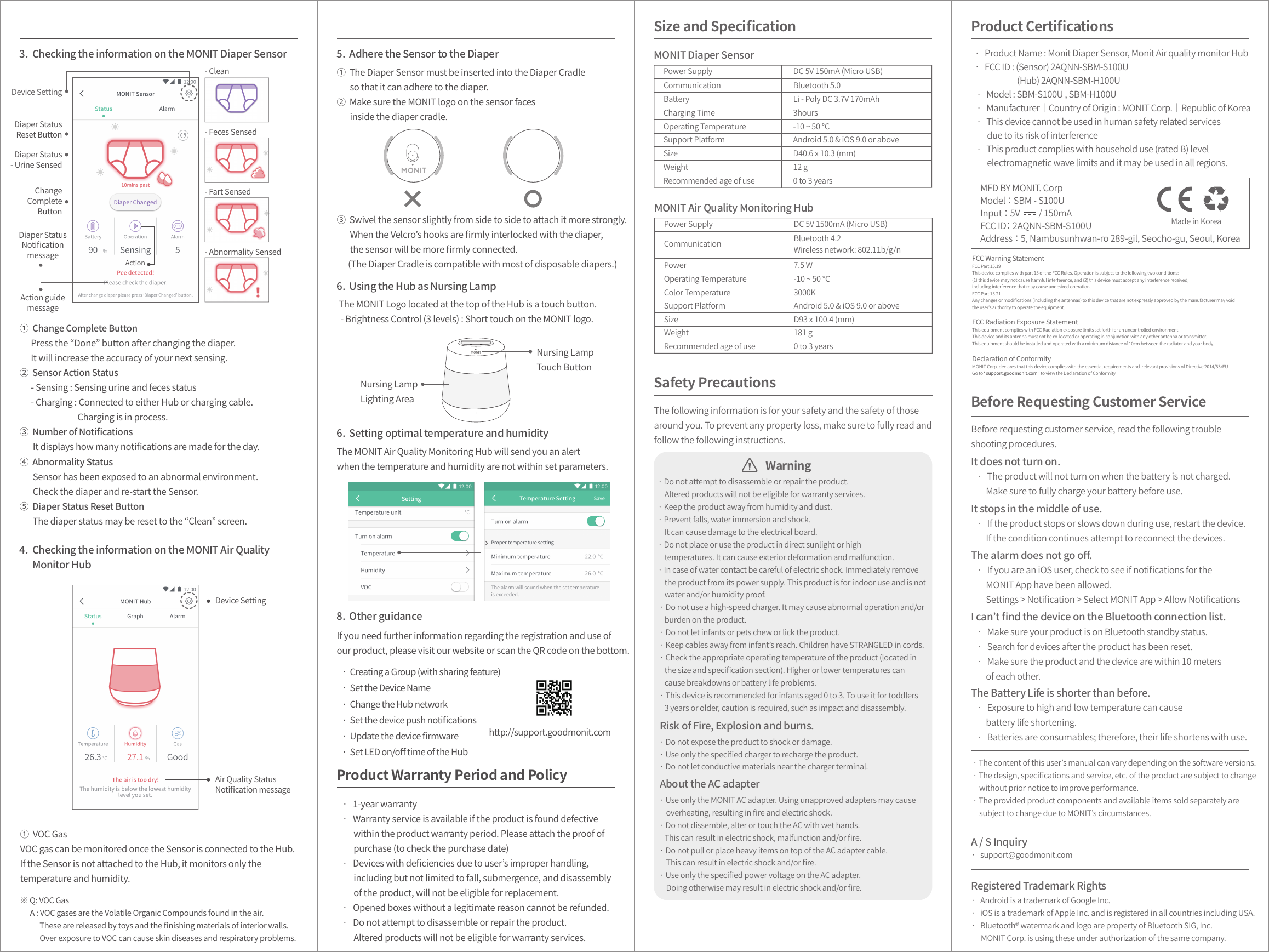 Device SettingAir Quality StatusNotiﬁcation message①  VOC GasVOC gas can be monitored once the Sensor is connected to the Hub.If the Sensor is not attached to the Hub, it monitors only thetemperature and humidity.※ Q: VOC Gas      A : VOC gases are the Volatile Organic Compounds found in the air.            These are released by toys and the ﬁnishing materials of interior walls.            Over exposure to VOC can cause skin diseases and respiratory problems.4.  Checking the information on the MONIT Air Quality      Monitor Hub3.  Checking the information on the MONIT Diaper Sensor ChangeCompleteButtonDiaper Status- Urine SensedDiaper StatusNotiﬁcationmessageAction guidemessage- Clean- Feces Sensed- Fart Sensed- Abnormality SensedDevice SettingDiaper StatusReset Button5.  Adhere the Sensor to the Diaper①  The Diaper Sensor must be inserted into the Diaper Cradle        so that it can adhere to the diaper.②  Make sure the MONIT logo on the sensor faces        inside the diaper cradle.①  Change Complete Button      Press the “Done” button after changing the diaper.      It will increase the accuracy of your next sensing.②  Sensor Action Status      - Sensing : Sensing urine and feces status      - Charging : Connected to either Hub or charging cable.                               Charging is in process.③  Number of Notiﬁcations       It displays how many notiﬁcations are made for the day.④  Abnormality Status       Sensor has been exposed to an abnormal environment.       Check the diaper and re-start the Sensor. ⑤  Diaper Status Reset Button       The diaper status may be reset to the “Clean” screen.8.  Other guidance If you need further information regarding the registration and use of our product, please visit our website or scan the QR code on the bottom.   ·  Creating a Group (with sharing feature)    ·  Set the Device Name   ·  Change the Hub network    ·  Set the device push notiﬁcations    ·  Update the device ﬁrmware    ·  Set LED on/oﬀ time of the Hubhttp://support.goodmonit.com   ·   1-year warranty   ·   Warranty service is available if the product is found defective         within the product warranty period. Please attach the proof of         purchase (to check the purchase date)   ·   Devices with deﬁciencies due to user’s improper handling,         including but not limited to fall, submergence, and disassembly          of the product, will not be eligible for replacement.   ·   Opened boxes without a legitimate reason cannot be refunded.      ·   Do not attempt to disassemble or repair the product.         Altered products will not be eligible for warranty services.Product Warranty Period and Policy 6.  Using the Hub as Nursing Lamp The MONIT Logo located at the top of the Hub is a touch button.  - Brightness Control (3 levels) : Short touch on the MONIT logo.6.  Setting optimal temperature and humidity The MONIT Air Quality Monitoring Hub will send you an alertwhen the temperature and humidity are not within set parameters.  Nursing LampTouch Button③  Swivel the sensor slightly from side to side to attach it more strongly.       When the Velcro’s hooks are ﬁrmly interlocked with the diaper,        the sensor will be more ﬁrmly connected.      (The Diaper Cradle is compatible with most of disposable diapers.)Nursing LampLighting AreaActionProduct Certiﬁcations  ·   Product Name : Monit Diaper Sensor, Monit Air quality monitor Hub  ·   FCC ID : (Sensor) 2AQNN-SBM-S100U                           (Hub) 2AQNN-SBM-H100U   ·   Model : SBM-S100U , SBM-H100U   ·   Manufacturer│Country of Origin : MONIT Corp.│Republic of Korea   ·   This device cannot be used in human safety related services         due to its risk of interference   ·   This product complies with household use (rated B) level          electromagnetic wave limits and it may be used in all regions. It does not turn on.Before requesting customer service, read the following troubleshooting procedures.  Before Requesting Customer Service   ·   The product will not turn on when the battery is not charged.        Make sure to fully charge your battery before use.  It stops in the middle of use.      ·   If the product stops or slows down during use, restart the device.        If the condition continues attempt to reconnect the devices. The alarm does not go oﬀ.    ·   If you are an iOS user, check to see if notiﬁcations for the         MONIT App have been allowed.           Settings &gt; Notiﬁcation &gt; Select MONIT App &gt; Allow NotiﬁcationsI can’t ﬁnd the device on the Bluetooth connection list.      ·   Make sure your product is on Bluetooth standby status.     ·   Search for devices after the product has been reset.     ·   Make sure the product and the device are within 10 meters         of each other.   · The content of this user’s manual can vary depending on the software versions.  · The design, speciﬁcations and service, etc. of the product are subject to change     without prior notice to improve performance.  · The provided product components and available items sold separately are     subject to change due to MONIT’s circumstances.The Battery Life is shorter than before.    ·   Exposure to high and low temperature can cause         battery life shortening.    ·   Batteries are consumables; therefore, their life shortens with use.Registered Trademark RightsA / S Inquiry·   Android is a trademark of Google Inc. ·   iOS is a trademark of Apple Inc. and is registered in all countries including USA.  ·   Bluetooth® watermark and logo are property of Bluetooth SIG, Inc.      MONIT Corp. is using these under authorization of the same company.·   support@goodmonit.comRisk of Fire, Explosion and burns.  · Do not expose the product to shock or damage.  · Use only the speciﬁed charger to recharge the product.  · Do not let conductive materials near the charger terminal.  About the AC adapter   · Use only the MONIT AC adapter. Using unapproved adapters may cause      overheating, resulting in ﬁre and electric shock.  · Do not dissemble, alter or touch the AC with wet hands.     This can result in electric shock, malfunction and/or ﬁre.  · Do not pull or place heavy items on top of the AC adapter cable.      This can result in electric shock and/or ﬁre.   · Use only the speciﬁed power voltage on the AC adapter.      Doing otherwise may result in electric shock and/or ﬁre.  · Do not attempt to disassemble or repair the product.      Altered products will not be eligible for warranty services. · Keep the product away from humidity and dust. · Prevent falls, water immersion and shock.     It can cause damage to the electrical board. · Do not place or use the product in direct sunlight or high     temperatures. It can cause exterior deformation and malfunction. · In case of water contact be careful of electric shock. Immediately remove     the product from its power supply. This product is for indoor use and is not     water and/or humidity proof.  · Do not use a high-speed charger. It may cause abnormal operation and/or     burden on the product.  · Do not let infants or pets chew or lick the product.  · Keep cables away from infant’s reach. Children have STRANGLED in cords.  · Check the appropriate operating temperature of the product (located in      the size and speciﬁcation section). Higher or lower temperatures can     cause breakdowns or battery life problems.  · This device is recommended for infants aged 0 to 3. To use it for toddlers     3 years or older, caution is required, such as impact and disassembly.WarningSize and SpeciﬁcationThe following information is for your safety and the safety of those around you. To prevent any property loss, make sure to fully read andfollow the following instructions. Safety PrecautionsSupport PlatformSizeAndroid 5.0 &amp; iOS 9.0 or aboveD93 x 100.4 (mm)Power SupplyCommunicationDC 5V 150mA (Micro USB)Bluetooth 5.0Recommended age of use 0 to 3 yearsBattery Li - Poly DC 3.7V 170mAhCharging Time Operating TemperatureSupport PlatformSizeWeight3hours-10 ~ 50 ℃Android 5.0 &amp; iOS 9.0 or aboveD40.6 x 10.3 (mm)12 gRecommended age of use 0 to 3 yearsPower SupplyCommunicationPowerDC 5V 1500mA (Micro USB)Bluetooth 4.2Wireless network: 802.11b/g/n7.5 WOperating TemperatureColor Temperature -10 ~ 50 ℃3000KWeight 181 gMONIT Diaper SensorMONIT Air Quality Monitoring Hub Made in KoreaMFD BY MONIT. CorpModel ： SBM - S100UInput ： 5V          / 150mA FCC ID： 2AQNN-SBM-S100UAddress ： 5, Nambusunhwan-ro 289-gil, Seocho-gu, Seoul, KoreaFCC Warning StatementFCC Part 15.19This device complies with part 15 of the FCC Rules. Operation is subject to the following two conditions: (1) this device may not cause harmful interference, and (2) this device must accept any interference received, including interference that may cause undesired operation.FCC Part 15.21Any changes or modiﬁcations (including the antennas) to this device that are not expressly approved by the manufacturer may void the user’s authority to operate the equipment.FCC Radiation Exposure StatementThis equipment complies with FCC Radiation exposure limits set forth for an uncontrolled environment. This device and its antenna must not be co-located or operating in conjunction with any other antenna or transmitter.This equipment should be installed and operated with a minimum distance of 10cm between the radiator and your body.Declaration of ConformityMONIT Corp. declares that this device complies with the essential requirements and  relevant provisions of Directive 2014/53/EU Go to ‘ support.goodmonit.com ’ to view the Declaration of Conformity