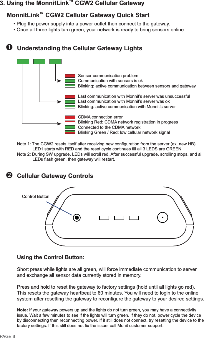 Understanding the Cellular Gateway Lights    Cellular Gateway ControlsUsing the Control Button:Note: no3. Using the MonnitLink™ CGW2 Cellular GatewayMonnitLink™ CGW2 Cellular Gateway Quick Start