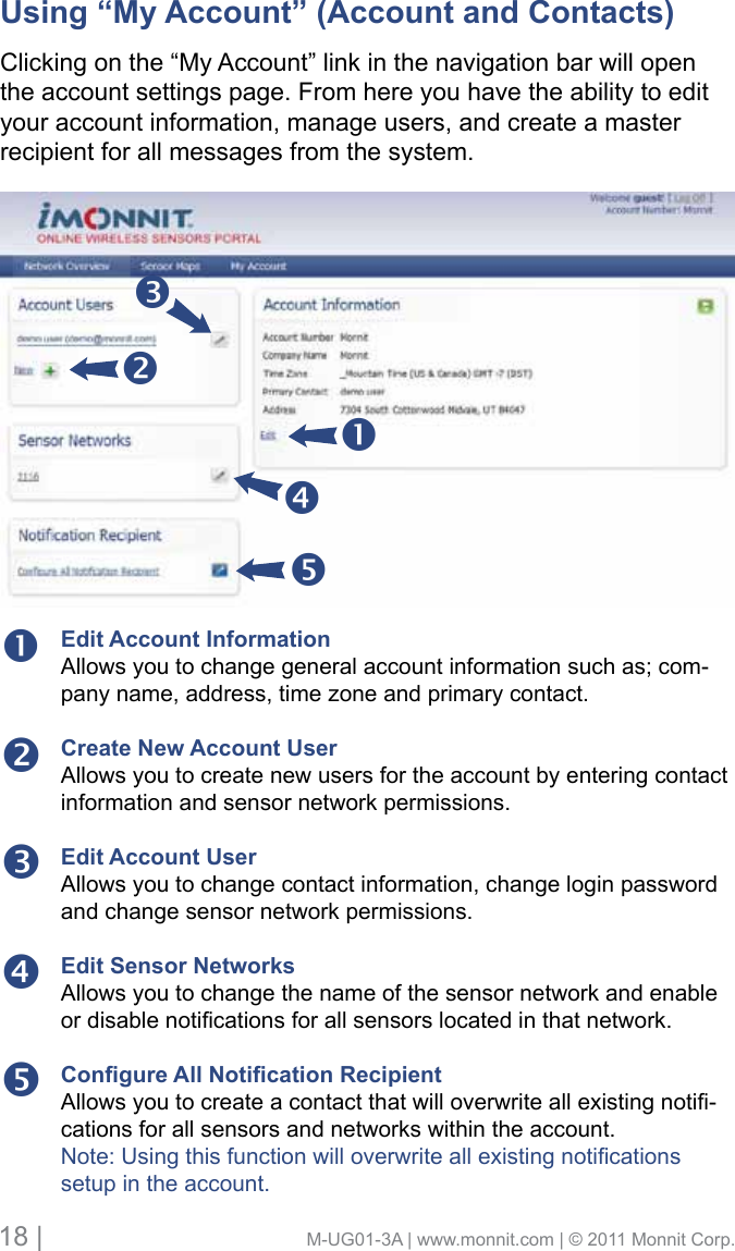 18 |                                       M-UG01-3A | www.monnit.com | © 2011 Monnit Corp.Edit Account InformationAllows you to change general account information such as; com-pany name, address, time zone and primary contact. Create New Account UserAllows you to create new users for the account by entering contact information and sensor network permissions.Edit Account UserAllows you to change contact information, change login password and change sensor network permissions.Edit Sensor Networks Allows you to change the name of the sensor network and enable ordisablenoticationsforallsensorslocatedinthatnetwork.Congure All Notication Recipient Allowsyoutocreateacontactthatwilloverwriteallexistingnoti-cations for all sensors and networks within the account.Note:Usingthisfunctionwilloverwriteallexistingnoticationssetup in the account. Using “My Account” (Account and Contacts)      Clicking on the “My Account” link in the navigation bar will open the account settings page. From here you have the ability to edit your account information, manage users, and create a master recipient for all messages from the system. 