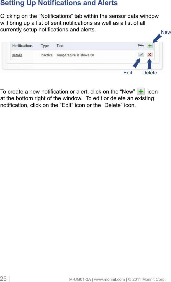 25 |                                       M-UG01-3A | www.monnit.com | © 2011 Monnit Corp.Setting Up Notications and Alerts Clickingonthe“Notications”tabwithinthesensordatawindowwillbringupalistofsentnoticationsaswellasalistofallcurrentlysetupnoticationsandalerts.Tocreateanewnoticationoralert,clickonthe“New”iconat the bottom right of the window.  To edit or delete an existing notication,clickonthe“Edit”iconorthe“Delete”icon.Edit DeleteNew