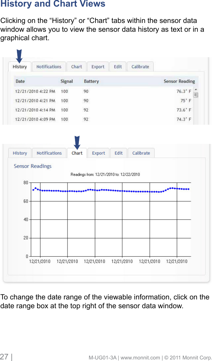 27 |                                       M-UG01-3A | www.monnit.com | © 2011 Monnit Corp.History and Chart Views Clicking on the “History” or “Chart” tabs within the sensor data window allows you to view the sensor data history as text or in a graphical chart. To change the date range of the viewable information, click on the date range box at the top right of the sensor data window.