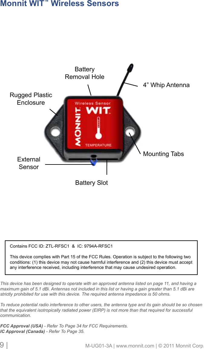 9 |                                       M-UG01-3A | www.monnit.com | © 2011 Monnit Corp.Rugged Plastic EnclosureBattery SlotMounting TabsBattery Removal Hole4” Whip AntennaExternalSensorMonnit WIT™ Wireless SensorsThis device has been designed to operate with an approved antenna listed on page 11, and having a maximum gain of 5.1 dBi. Antennas not included in this list or having a gain greater than 5.1 dBi are strictly prohibited for use with this device. The required antenna impedance is 50 ohms. To reduce potential radio interference to other users, the antenna type and its gain should be so chosen that the equivalent isotropically radiated power (EIRP) is not more than that required for successful communication.FCC Approval (USA) - Refer To Page 34 for FCC Requirements.IC Approval (Canada) - Refer To Page 35.Contains FCC ID: ZTL-RFSC1  &amp;  IC: 9794A-RFSC1This device complies with Part 15 of the FCC Rules. Operation is subject to the following two conditions: (1) this device may not cause harmful interference and (2) this device must accept any interference received, including interference that may cause undesired operation.