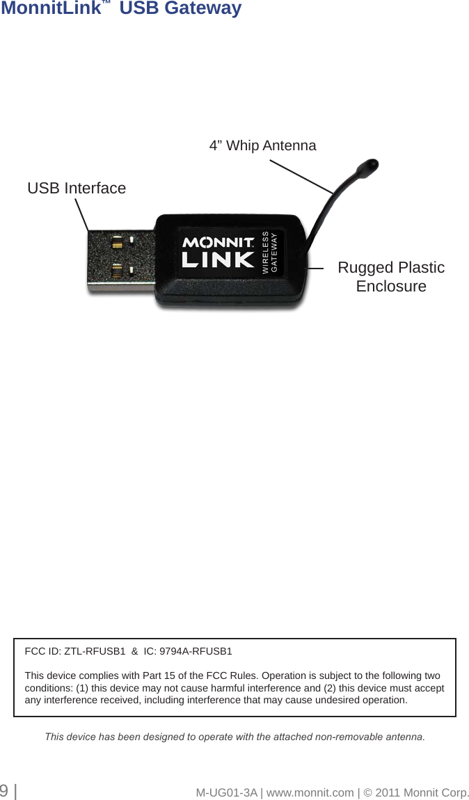 USB InterfaceRugged Plastic Enclosure4” Whip AntennaMonnitLink™  USB Gateway9 |                                       M-UG01-3A | www.monnit.com | © 2011 Monnit Corp.FCC ID: ZTL-RFUSB1  &amp;  IC: 9794A-RFUSB1This device complies with Part 15 of the FCC Rules. Operation is subject to the following two conditions: (1) this device may not cause harmful interference and (2) this device must accept any interference received, including interference that may cause undesired operation.This device has been designed to operate with the attached non-removable antenna. 