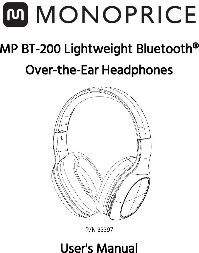 Monoprice 33397 MP BT-200 Lightweight Bluetooth Over-the-Ear Headphones ...