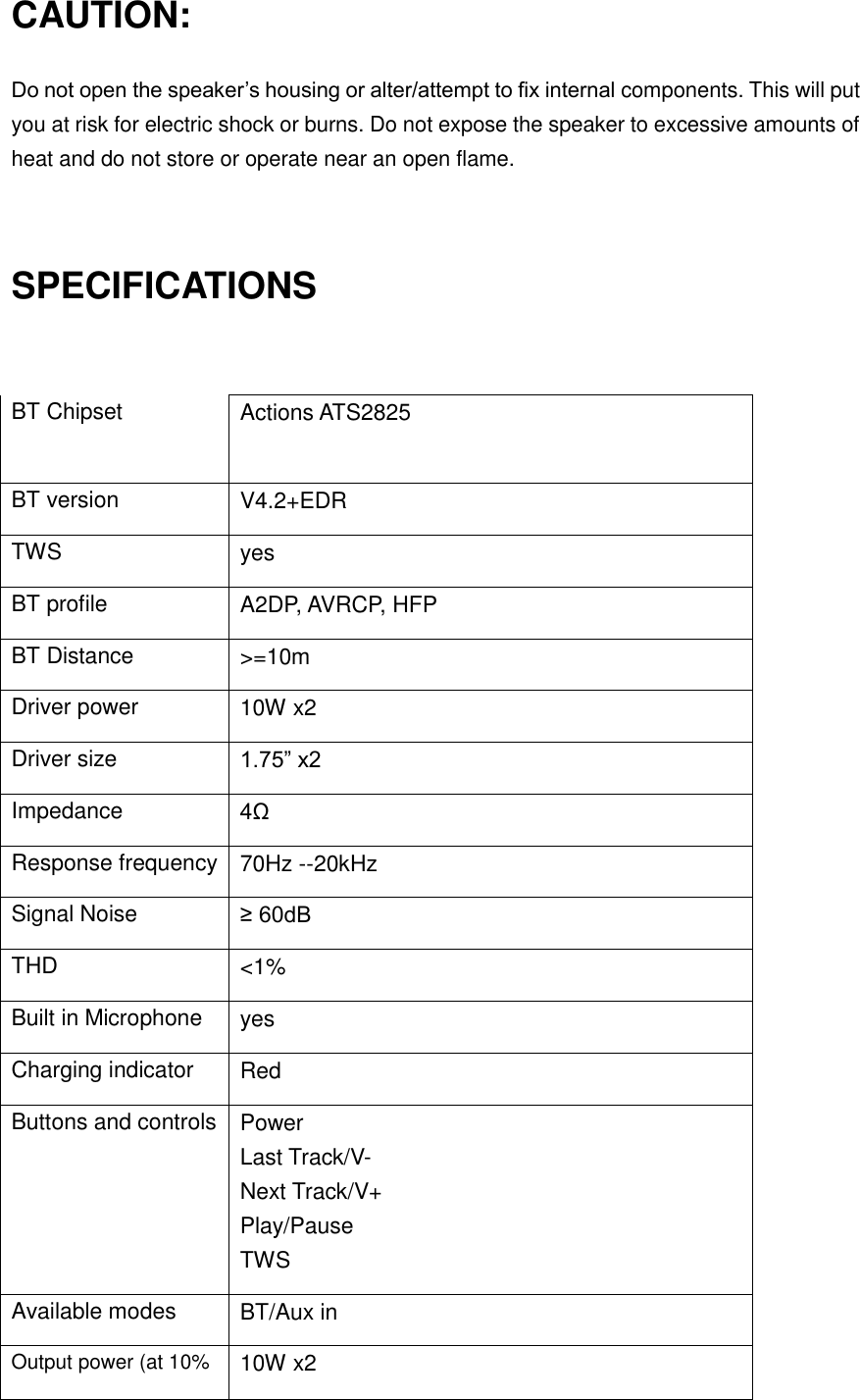 CAUTION: Do not open the speaker’s housing or alter/attempt to fix internal components. This will put you at risk for electric shock or burns. Do not expose the speaker to excessive amounts of heat and do not store or operate near an open flame.  SPECIFICATIONS  BT Chipset Actions ATS2825 BT version V4.2+EDR TWS yes BT profile A2DP, AVRCP, HFP   BT Distance &gt;=10m Driver power 10W x2 Driver size 1.75” x2 Impedance 4Ω Response frequency 70Hz --20kHz Signal Noise ≥ 60dB THD &lt;1% Built in Microphone   yes Charging indicator Red Buttons and controls   Power Last Track/V- Next Track/V+ Play/Pause TWS Available modes BT/Aux in   Output power (at 10% 10W x2 