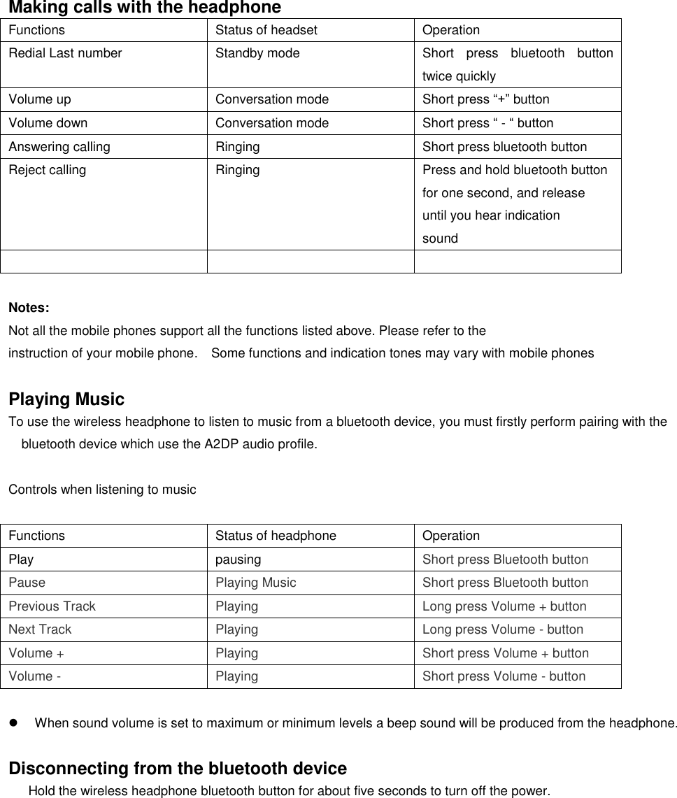  Making calls with the headphone Functions Status of headset Operation Redial Last number Standby mode Short  press  bluetooth  button twice quickly Volume up Conversation mode Short press “+” button Volume down Conversation mode Short press “ - “ button Answering calling Ringing Short press bluetooth button Reject calling Ringing Press and hold bluetooth button for one second, and release until you hear indication sound     Notes: Not all the mobile phones support all the functions listed above. Please refer to the instruction of your mobile phone.  Some functions and indication tones may vary with mobile phones  Playing Music To use the wireless headphone to listen to music from a bluetooth device, you must firstly perform pairing with the bluetooth device which use the A2DP audio profile.    Controls when listening to music  Functions Status of headphone Operation Play pausing Short press Bluetooth button Pause Playing Music Short press Bluetooth button Previous Track Playing Long press Volume + button Next Track Playing Long press Volume - button Volume + Playing Short press Volume + button Volume - Playing Short press Volume - button    When sound volume is set to maximum or minimum levels a beep sound will be produced from the headphone.  Disconnecting from the bluetooth device     Hold the wireless headphone bluetooth button for about five seconds to turn off the power.          