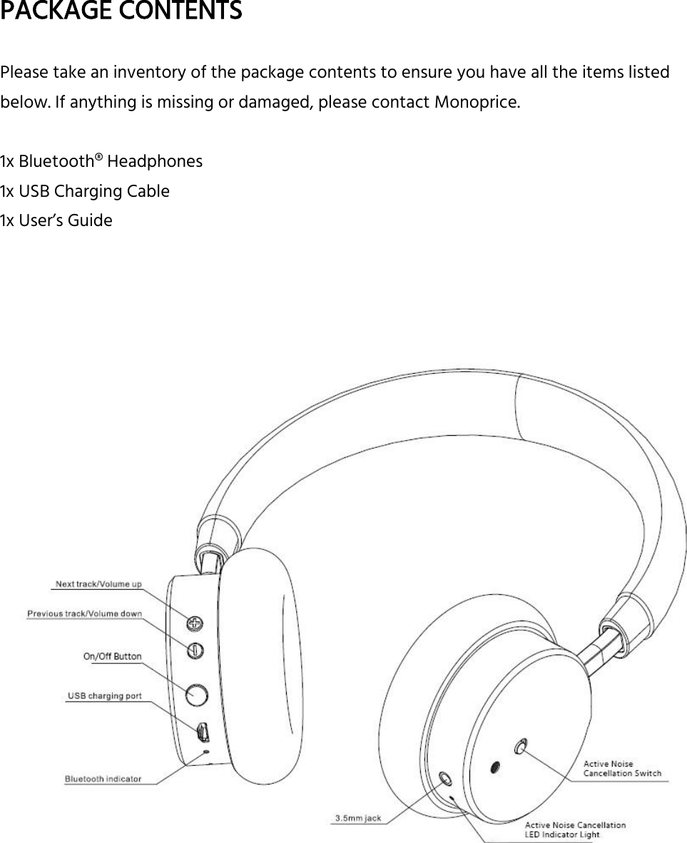   PACKAGE CONTENTS  Please take an inventory of the package contents to ensure you have all the items listed below. If anything is missing or damaged, please contact Monoprice.    1x Bluetooth® Headphones 1x USB Charging Cable 1x User’s Guide       