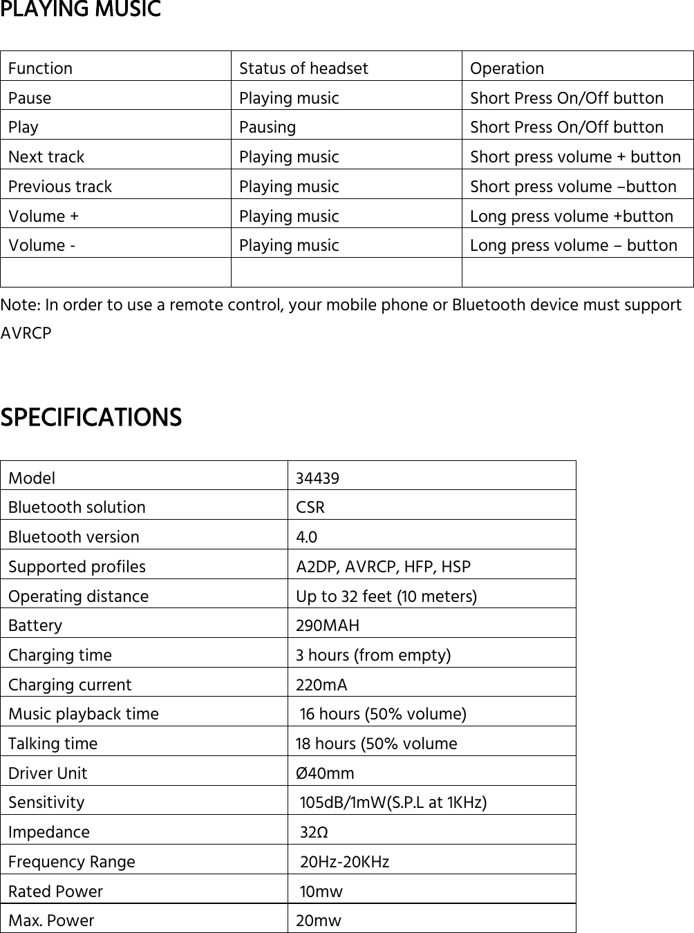   PLAYING MUSIC  Function  Status of headset  Operation Pause  Playing music  Short Press On/Off button Play  Pausing  Short Press On/Off button Next track  Playing music  Short press volume + button Previous track  Playing music  Short press volume –button Volume +  Playing music  Long press volume +button Volume -  Playing music  Long press volume – button      Note: In order to use a remote control, your mobile phone or Bluetooth device must support AVRCP   SPECIFICATIONS  Model 34439 Bluetooth solution  CSR Bluetooth version  4.0 Supported profiles  A2DP, AVRCP, HFP, HSP Operating distance  Up to 32 feet (10 meters) Battery  290MAH Charging time  3 hours (from empty) Charging current  220mA Music playback time   16 hours (50% volume) Talking time  18 hours (50% volume Driver Unit  Ø 40mm Sensitivity   105dB/1mW(S.P.L at 1KHz) Impedance   32Ω Frequency Range   20Hz-20KHz Rated Power   10mw Max. Power  20mw  
