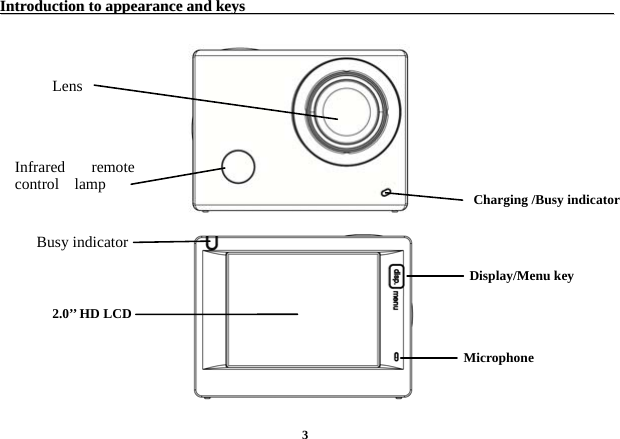  3IInnttrroodduuccttiioonn  ttoo  aappppeeaarraannccee  aanndd  kkeeyyss                                                                                                                        Display/Menu key 2.0&rsquo;&rsquo; HD LCD Lens  Infrared remote control  lamp   Charging /Busy indicator   Busy indicator   Microphone 