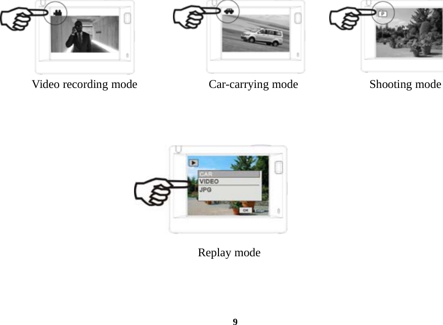 9Video recording mode Car-carrying mode Shooting modeReplay mode
