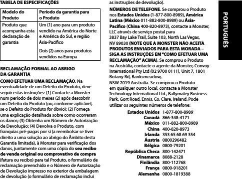 TABELA DE ESPECIFICAÇÕESModelo do ProdutoPeríodo da garantia para  o ProdutoProduto que acompanha esta declaração de garantiaUm (1) ano para um produto vendido na América do Norte e América do Sul, e região Ásia-PacícoDois (2) anos para produtos vendidos na Europa RECLAMAÇÃO FORMAL AO ABRIGO  DA GARANTIACOMO EFETUAR UMA RECLAMAÇÃO. Na eventualidade de um Defeito do Produto, deve seguir estas instruções: (1) Contacte a Monster  num período de dois meses (2) após descobrir  um Defeito do Produto (ou, conforme aplicável,  se o Defeito do Produto for óbvio); (2) Forneça  uma explicação detalhada sobre como ocorreram os danos; (3) Obtenha um Número de Autorização de Devolução; (4) Devolva o Produto, com franquias pré-pagas por si (a reembolsar se tiver direito a uma solução ao abrigo do Âmbito desta Garantia limitada), à Monster para vericação dos danos, juntamente com uma cópia do seu recibo de venda original ou comprovativo de compra (fatura ou recibo) para tal Produto, o formulário de reclamação preenchido e o Número de Autorização de Devolução impresso no exterior da embalagem de devolução (o formulário de reclamação inclui  as instruções de devolução).NÚMEROS DE TELEFONE. Se comprou o Produto nos Estados Unidos (1-877-800-8989), América Latina (México 011-882-800-8989) ou Ásia-Pacíco (China 400-820-8973), contacte a Monster, LLC através de serviço postal para  3837 Bay Lake Trail, Suite 103, North Las Vegas, NV 89030 (NOTE QUE A MONSTER NÃO ACEITA PRODUTOS ENVIADOS PARA ESTA MORADA – SIGA AS INSTRUÇÕES EM “COMO EFETUAR UMA RECLAMAÇÃO” ACIMA). Se comprou o Produto na Austrália, contacte o agente da Monster, Convoy International Pty Ltd (02 9700 0111), Unit 7, 1801 Botany Rd, Banksmeadow,  NSW 2019 Australia. Se comprou o Produto em qualquer outro local, contacte a Monster Technology International Ltd., Ballymaley Business Park, Gort Road, Ennis, Co. Clare, Ireland. Pode utilizar os seguintes números de telefone:   Estados Unidos   1-877-800-8989  Canadá   866-348-4171  México   011-882-800-8989  China   400-820-8973  Irlanda   353 65 68 69 354  Áustria   0800296482  Bélgica   0800-79201  República Checa   800-142471  Dinamarca   8088-2128  Finlândia   800-112768  França   0800-918201  Alemanha   0800-1819388 PORTUGUÊS