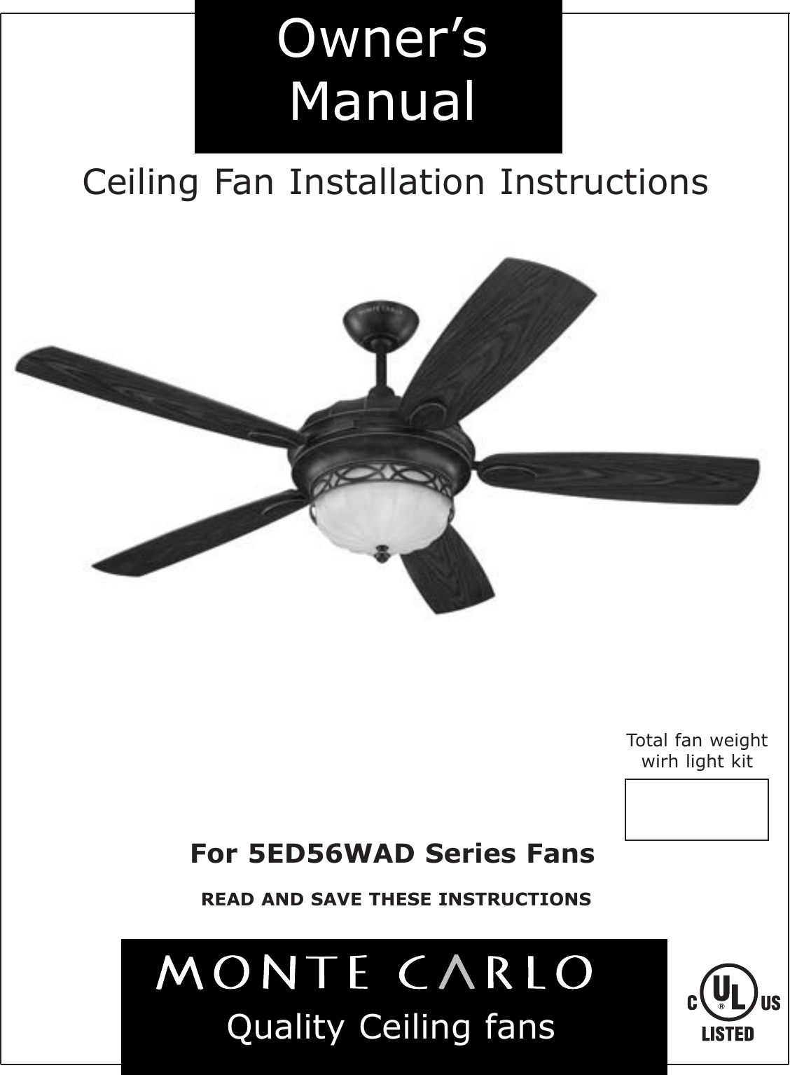 Page 1 of 5 - Monte-Carlo-Fan-Company Monte-Carlo-Fan-Company-5Ed56Wad-Series-Users-Manual-  Monte-carlo-fan-company-5ed56wad-series-users-manual